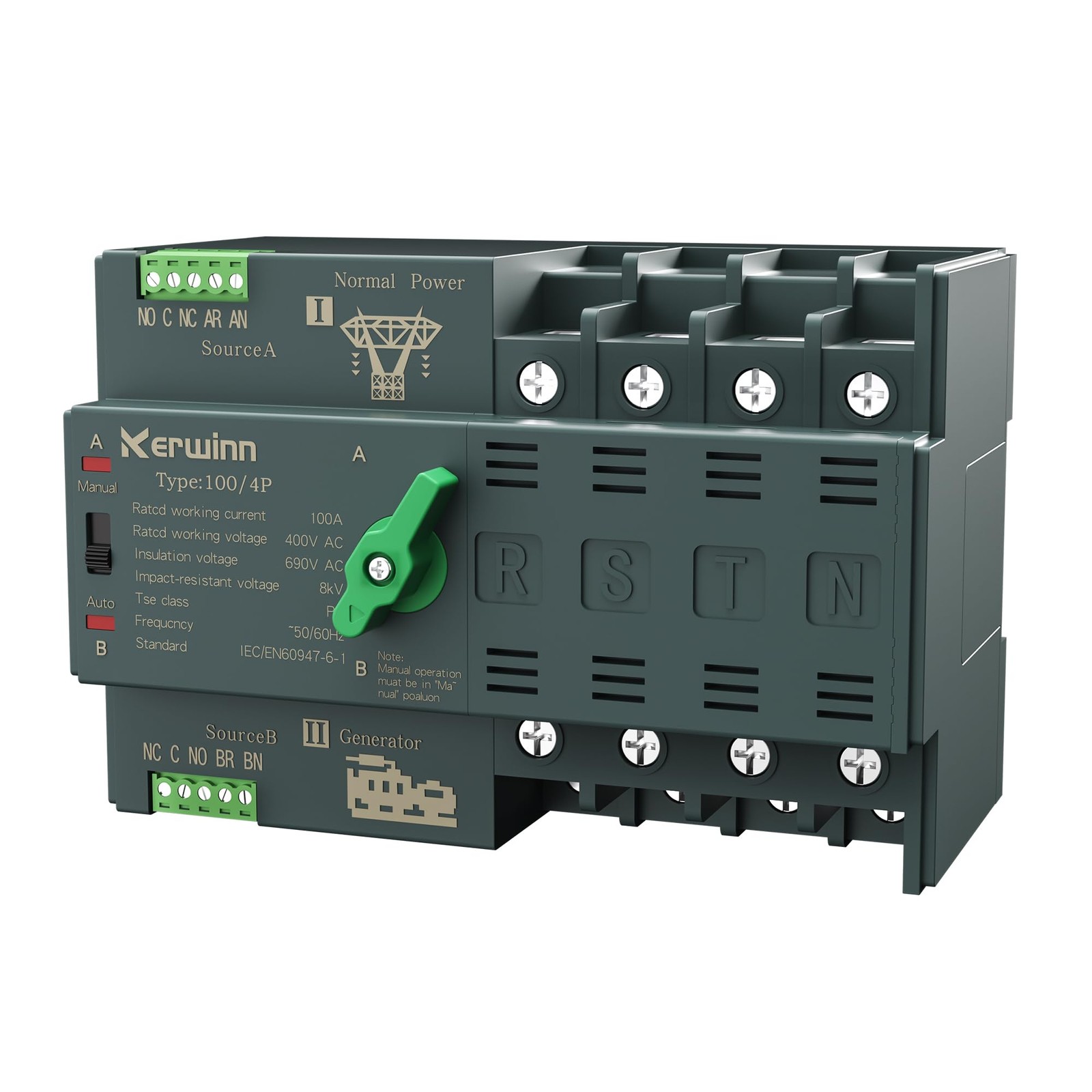 KERWINN Mini ATS Automatic Transfer Switch 100 amp Manual Power 4P, Silver