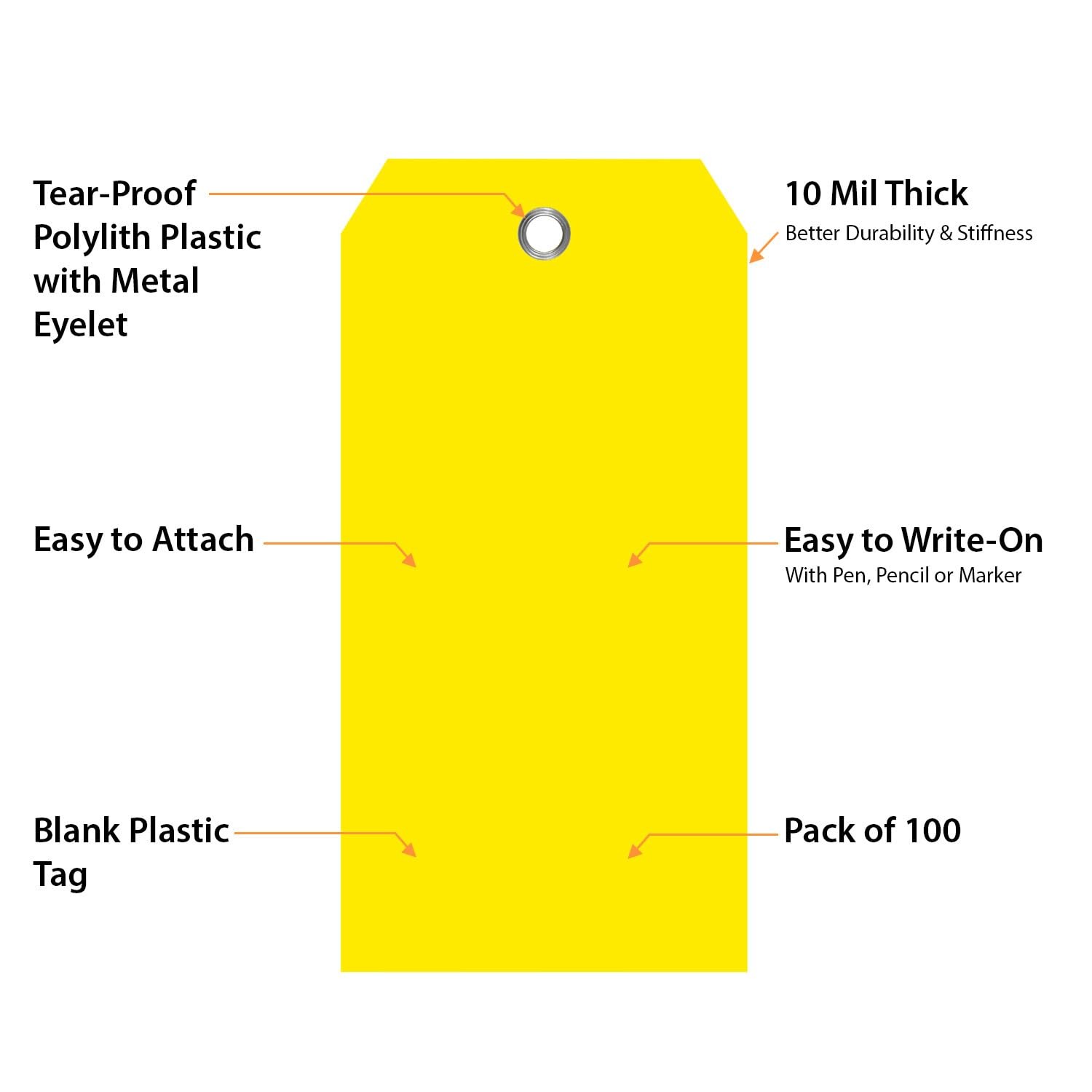 100 Pack Yellow Plastic Tags 4.75×2.375 Inch Tearproof Metal Eyelet Writable