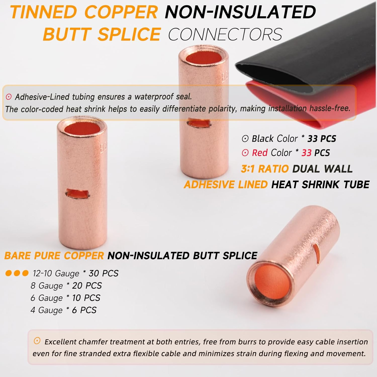 Butt Connectors Kit 132PCS 4/6/8/12-10 Gauge Crimp Butt Splice Wire Connectors N