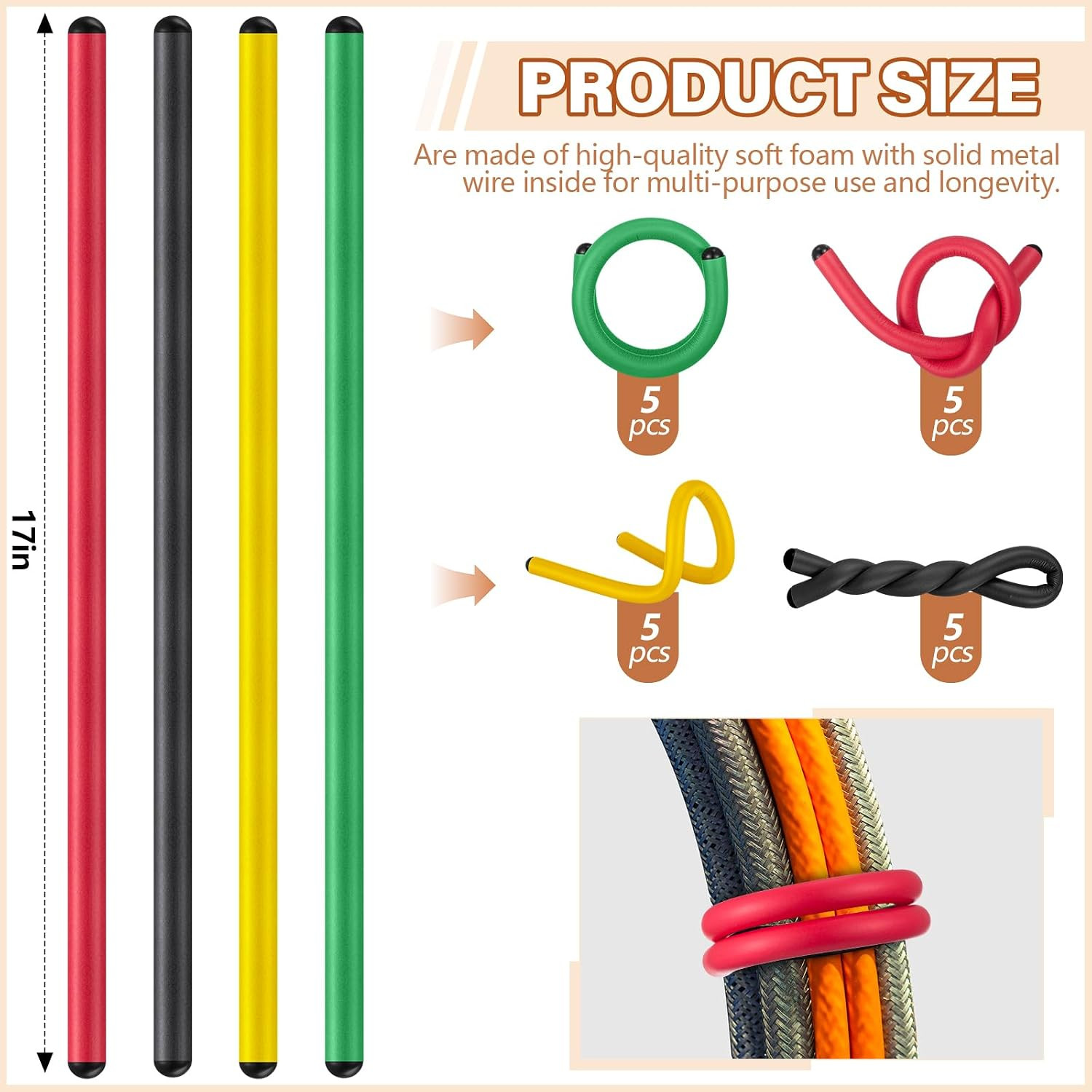 20 Pcs 17 Inch EVA Foam Twist Rubber Ties Reusable Bendable Cable Tie Straps Fle