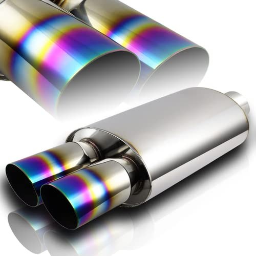 3″ DTM Style Dual Rainbow Burnt Slant Tip T304 Stainless Steel Exhaust Muffler
