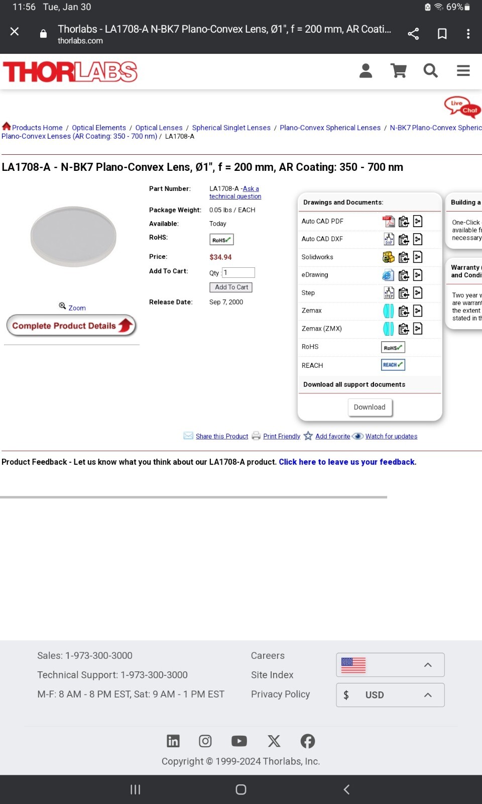 Thorlabs LA1708-A 024.4 F=200.0 N -BK7A Coated Plano Convex Lens (LOT OF 5) NEW