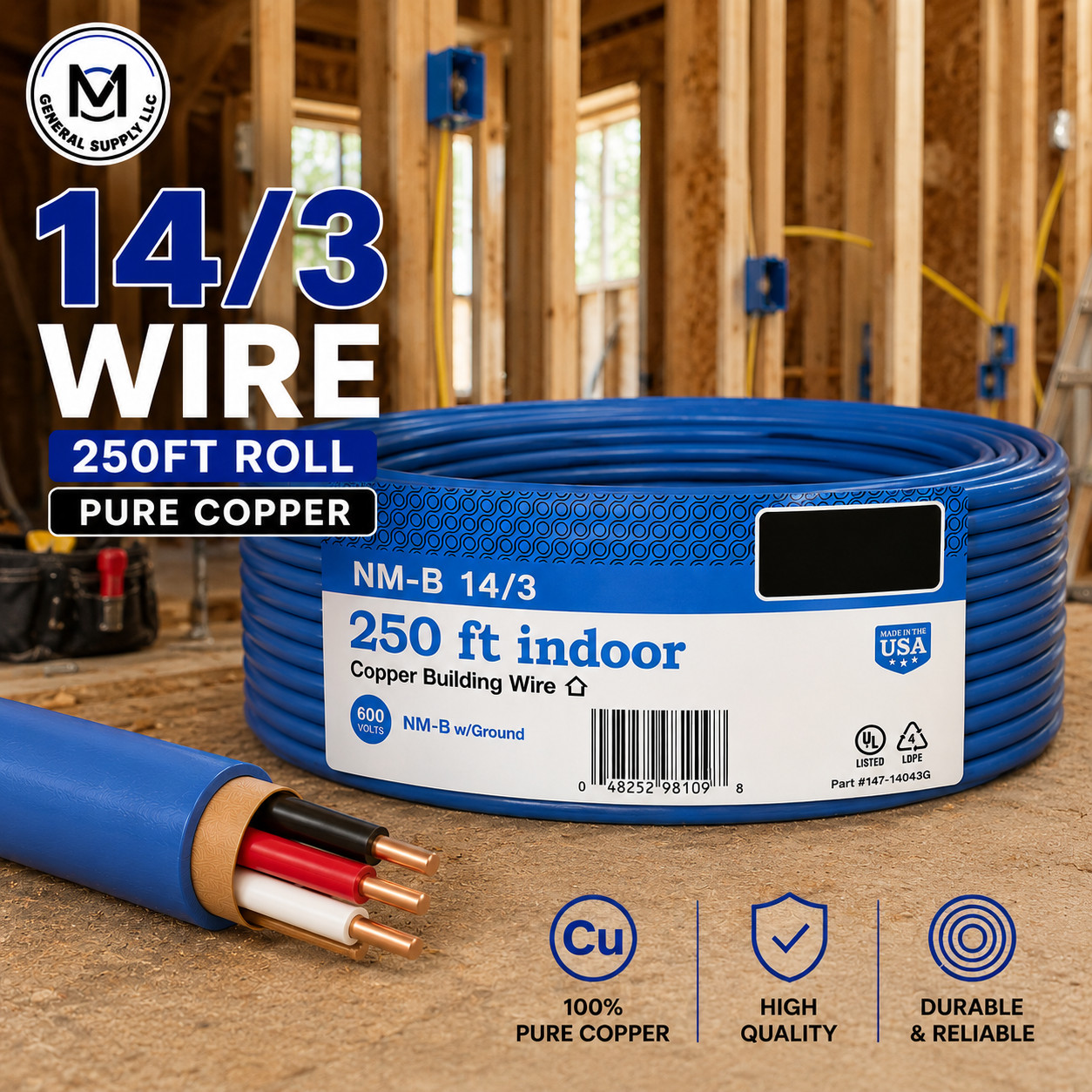 14/3 copper wire 250ft roll, different brands and colors for electricians