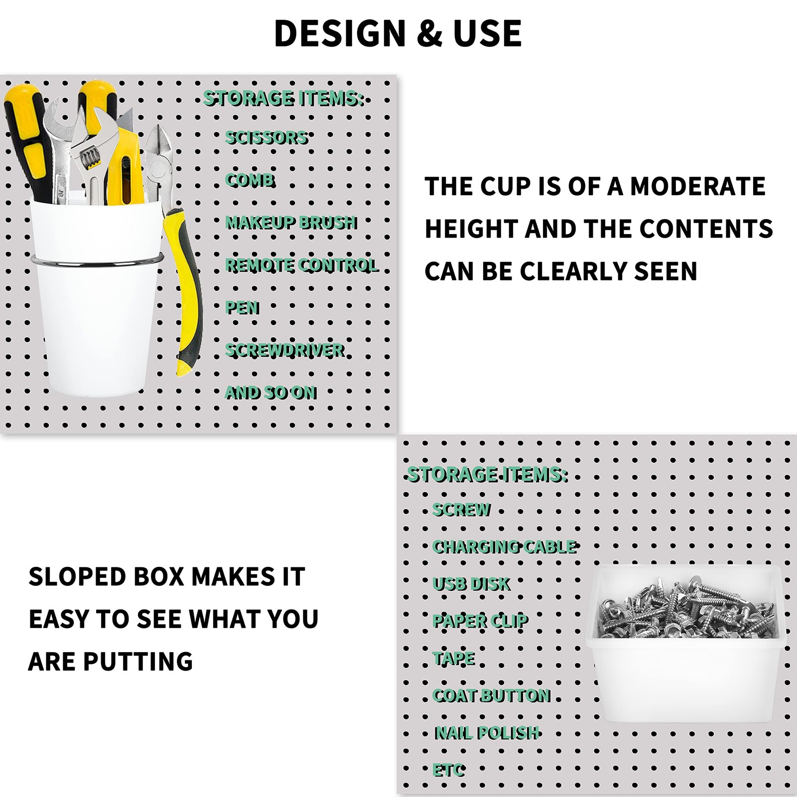 6 PCS White Pegboard Bins Cups With Hooks Loops Accessory Storage Organizer