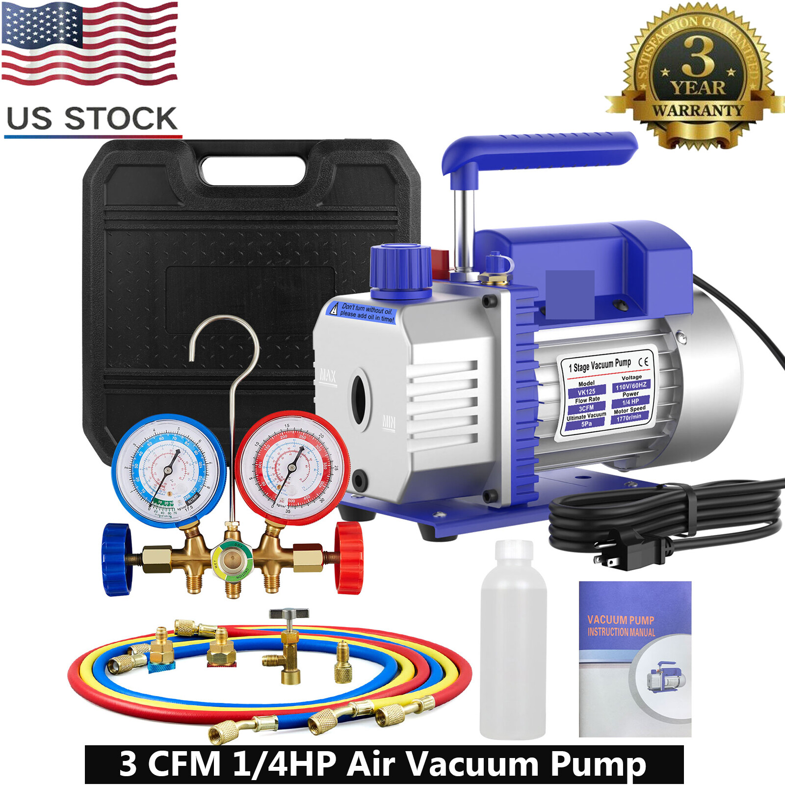 AC Manifold Gauge set Combo 3 CFM 1/4HP Air Vacuum Pump HVAC + R134A Kit AC A/C