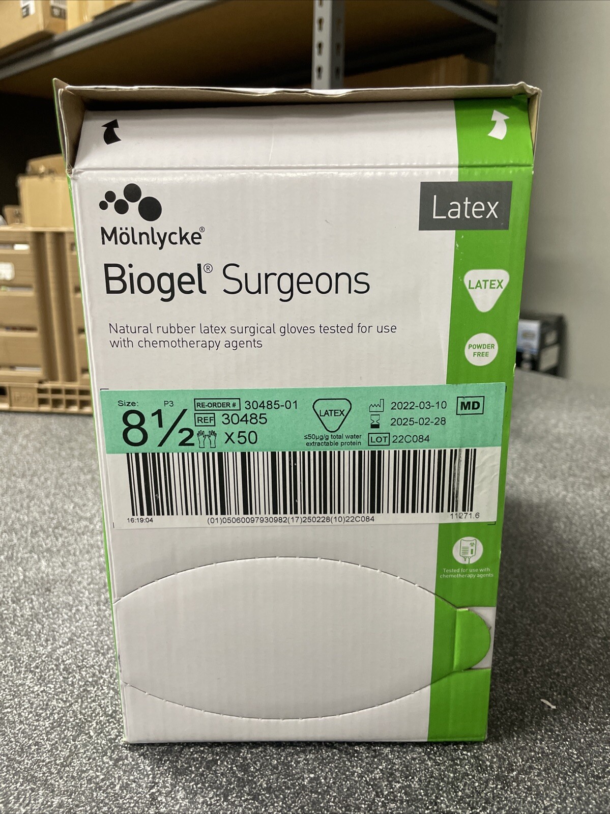 Molnlycke 30485 SZ 8.5 Latex Biogel Surgeon Gloves Box of 50 Exp 2025-02-28