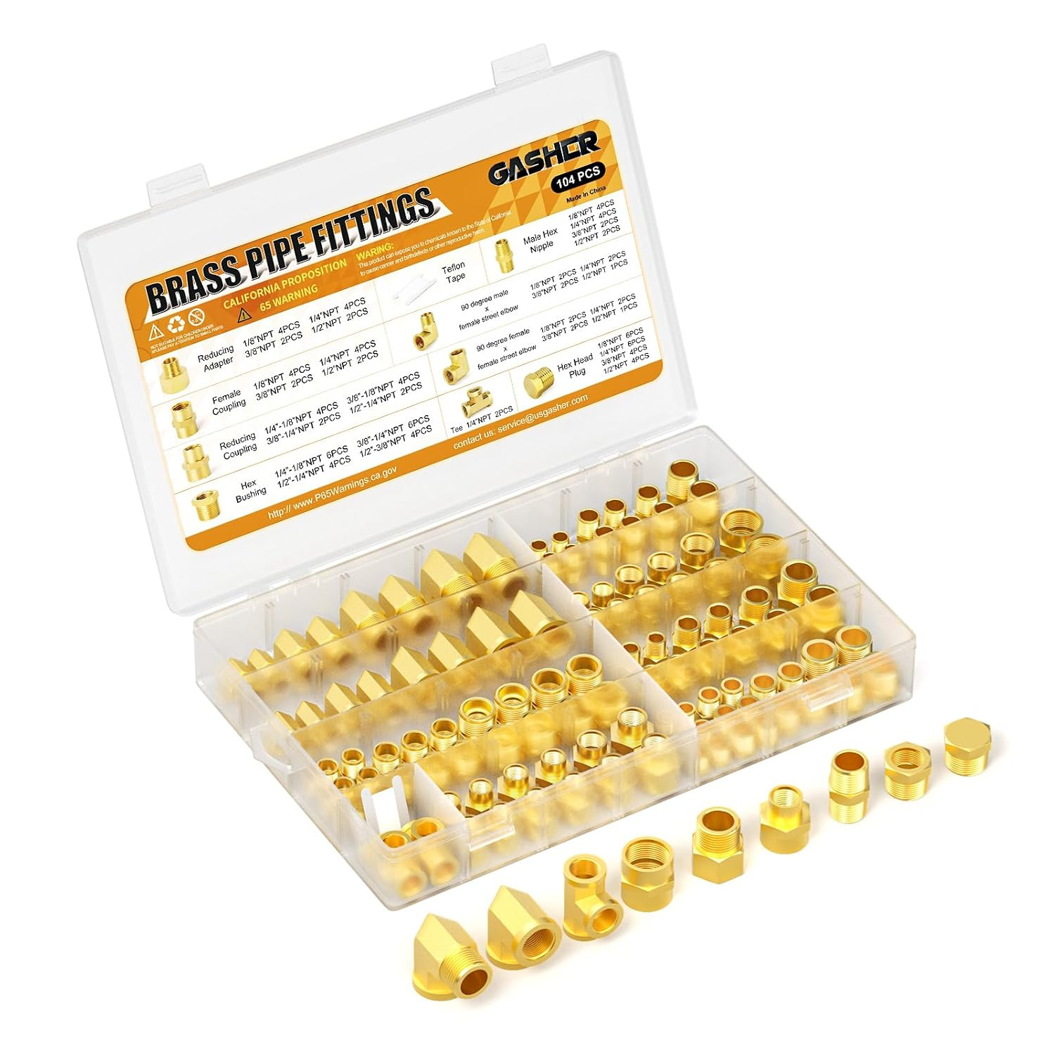 104Pcs Brass Pipe Fittings Assortment Kit, Reducing Adapter, Hex Nipple, Female