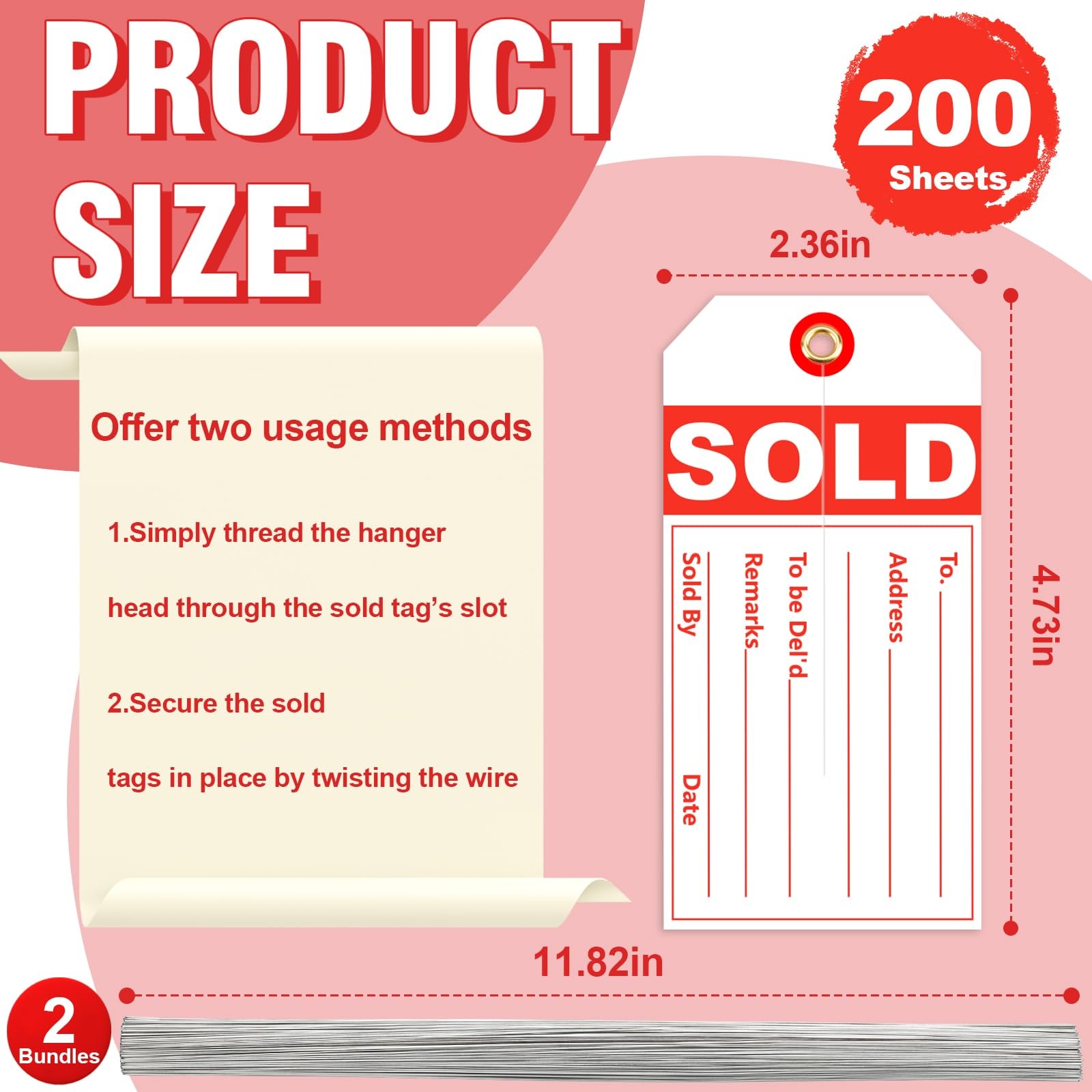 200 PCS White Red Sale Sold Tags Center Slit Wire 5mm Hole 2 3/8 x 4 3/4 In