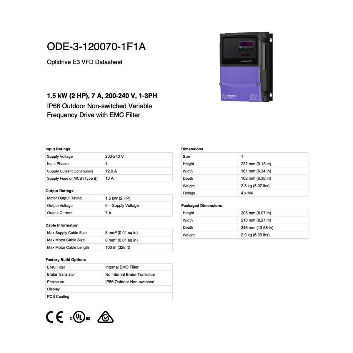 ODE-3-120070-1F1A – Invertek VFD – 2HP 7.0A 200V-240V 1Ph/3Ph – VFDexchange