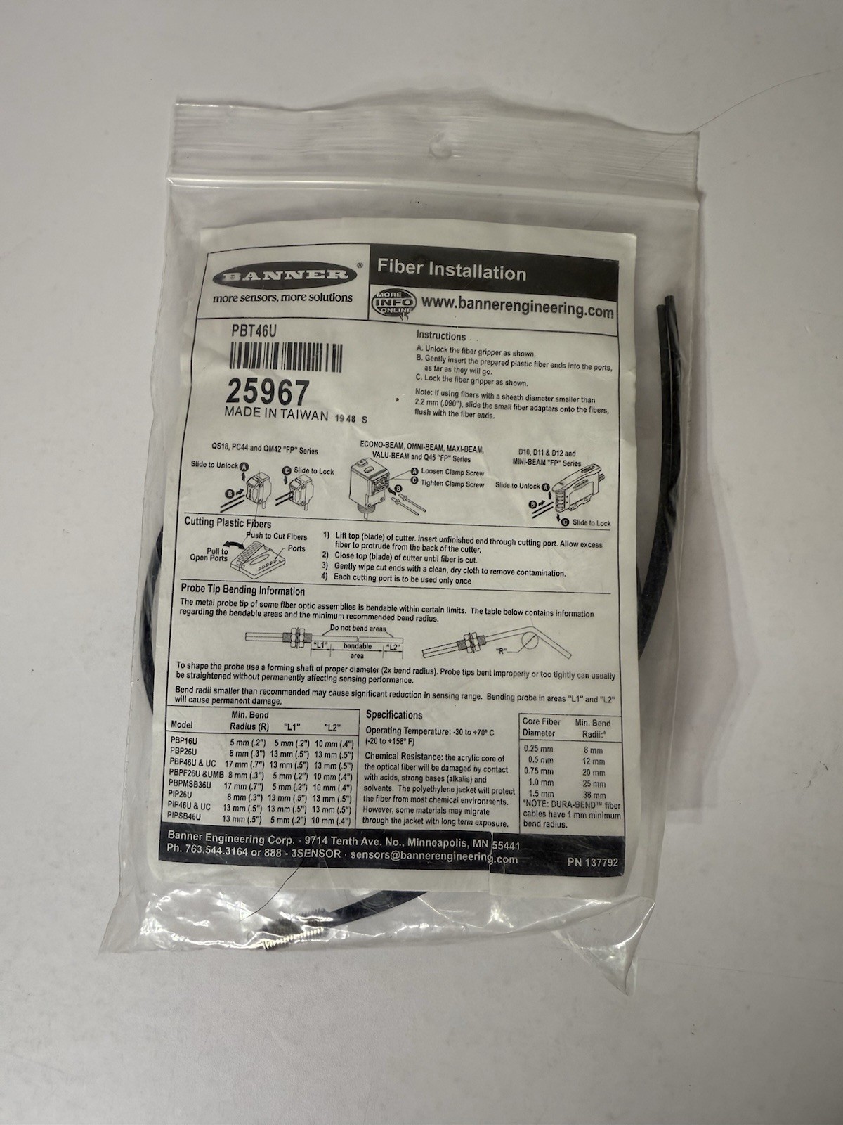 BANNER PBT46U Fiber Optic Sensor 25967