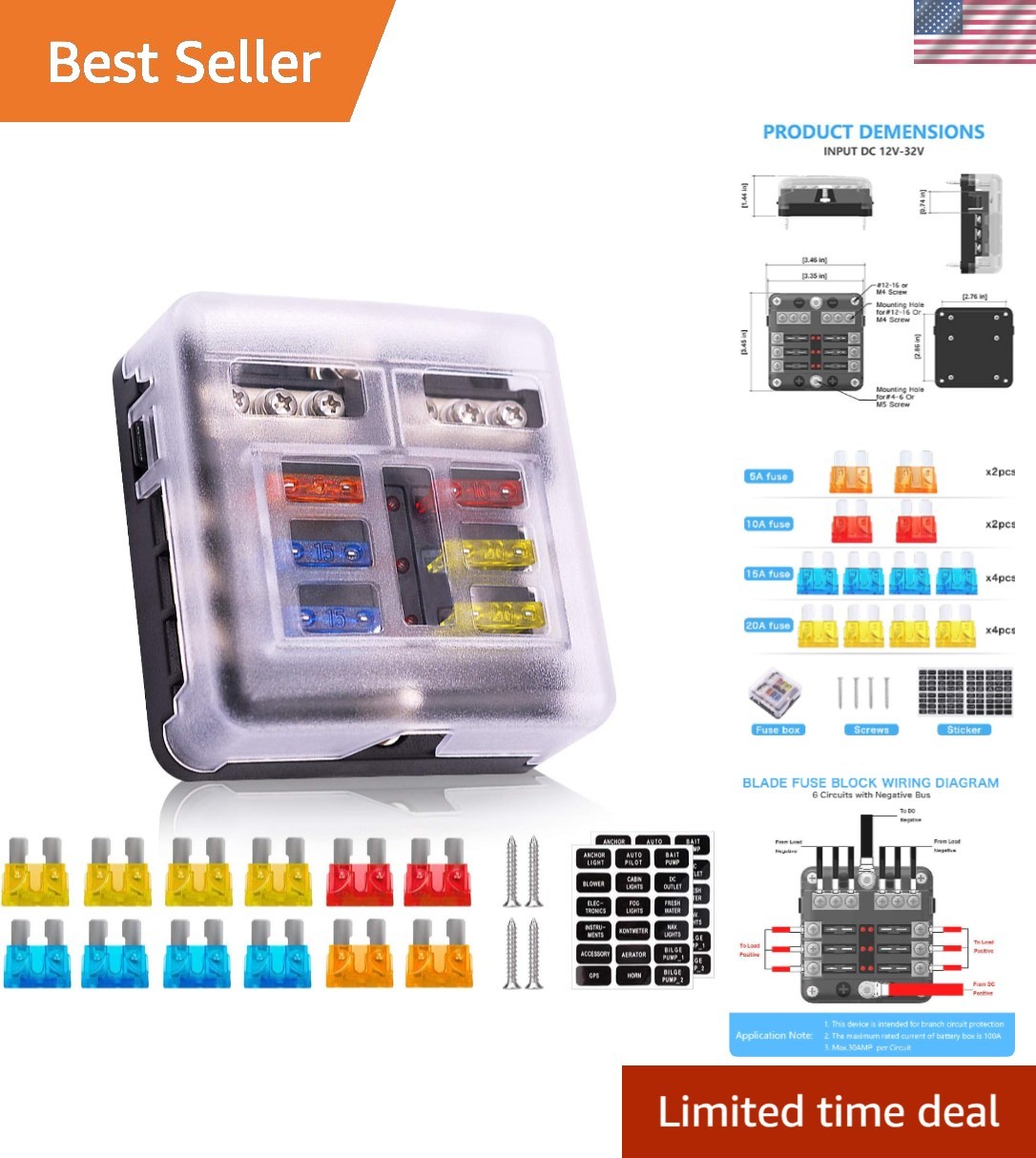 Waterproof 6 Way Fuse Box with LED Indicator for Marine and Automotive Use