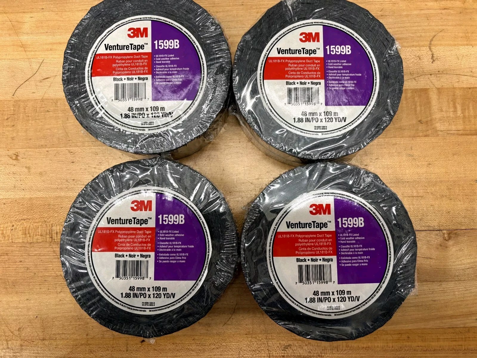 3M Venture Tape #1599B, Black UL181B-FX Polypropylene Duct Tape 4 rolls