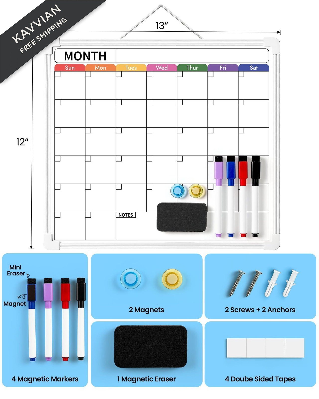 VITEVER Calendar Whiteboard for Wall, Double-Sided Dry Erase Board, White