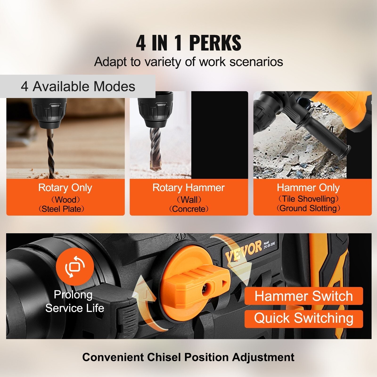 Rotary Hammer Drill Corded Drills 1-1/4″ 4 Modes SDS-Plus Chipping Hammers Tool