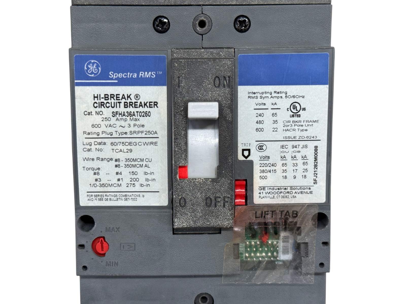 GE SFHA36AT0250 250A 3-POLE 600V SPECTRA RMS SF250 65KA CIRCUIT BREAKER NEW
