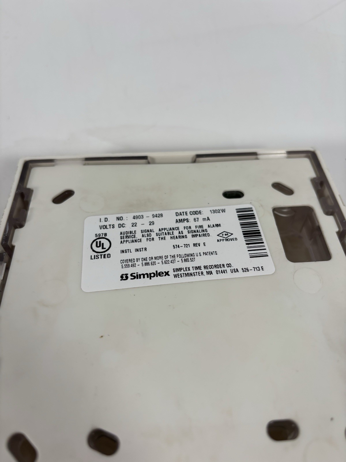 Simplex 4903 – 9428 Fire Alarms White Wall Mount