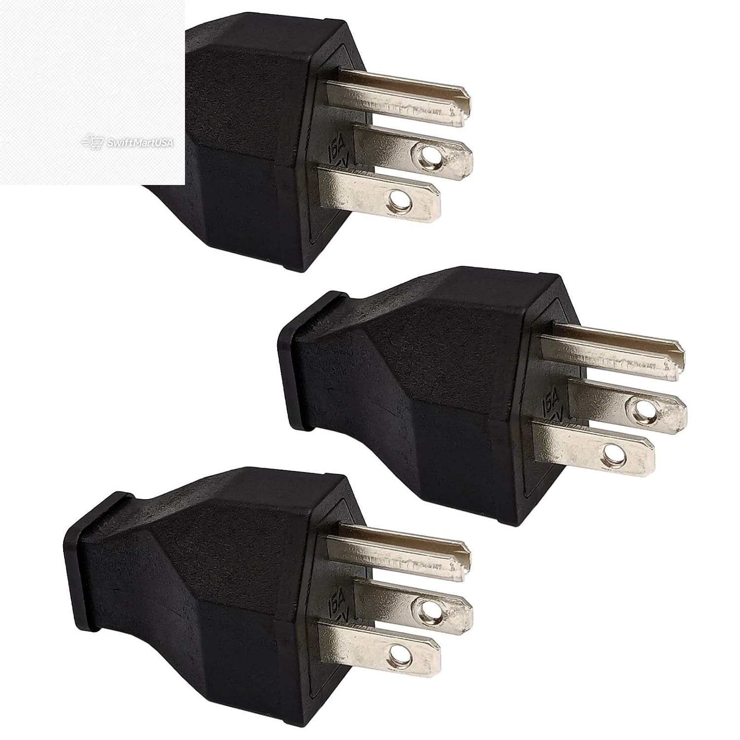 3 Pack 15 Amp 125V Straight Blade Plug Male Extension Cord Replacement Black