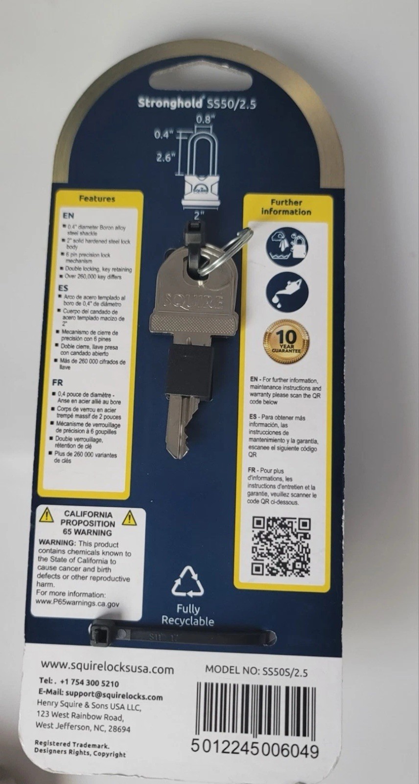 Squire Stronghold Keyed Padlock 1-7/8-in Wide x 2-3/4-in Shackle SQ-SS50S/2.5