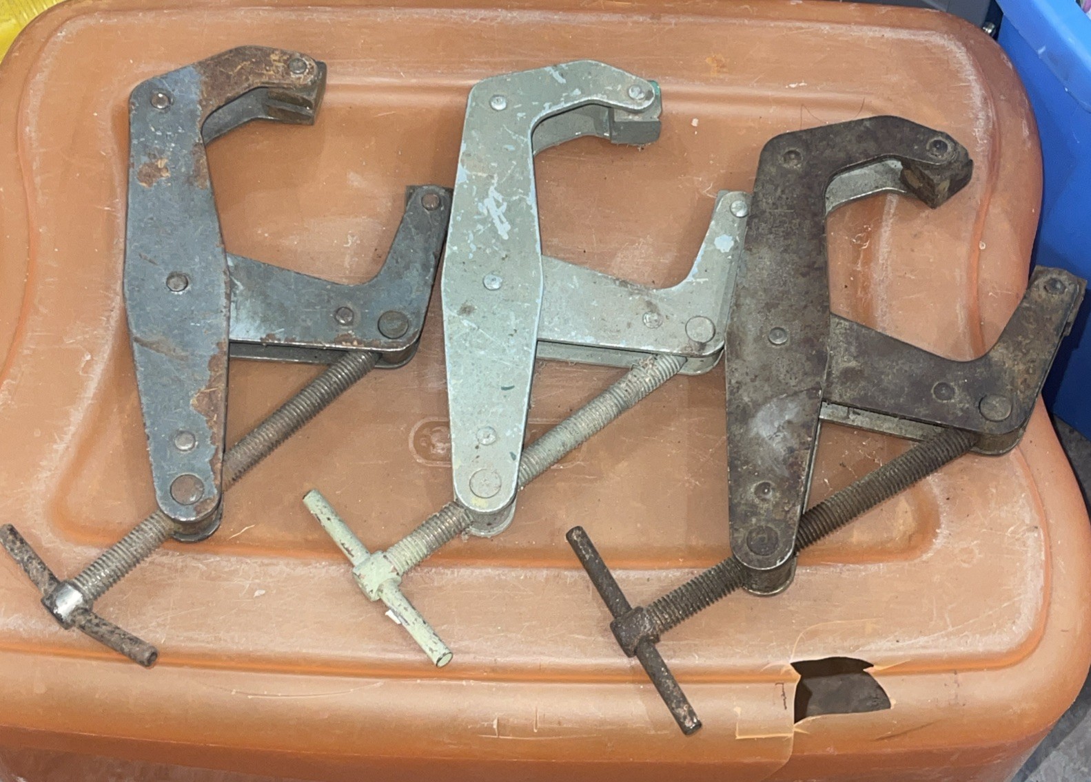 THREE Kant-Twist Cantilever 6″ T-Handle Clamps w/ Copper Jaws Welding Machinist