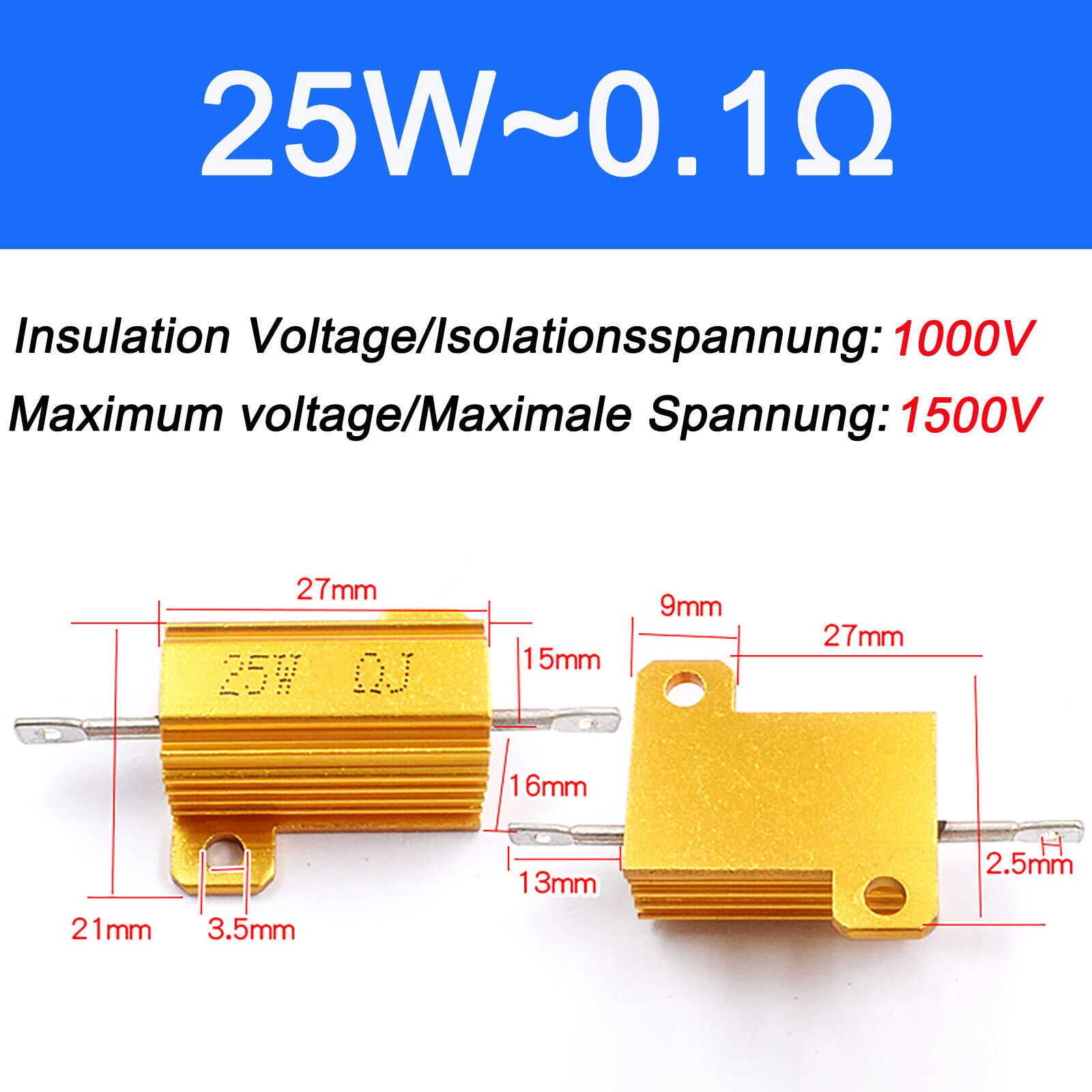 RX24 25W Power Golden Aluminium Wire wound Resistors 1 2 5 8 10 20 100Ω – 10KΩ