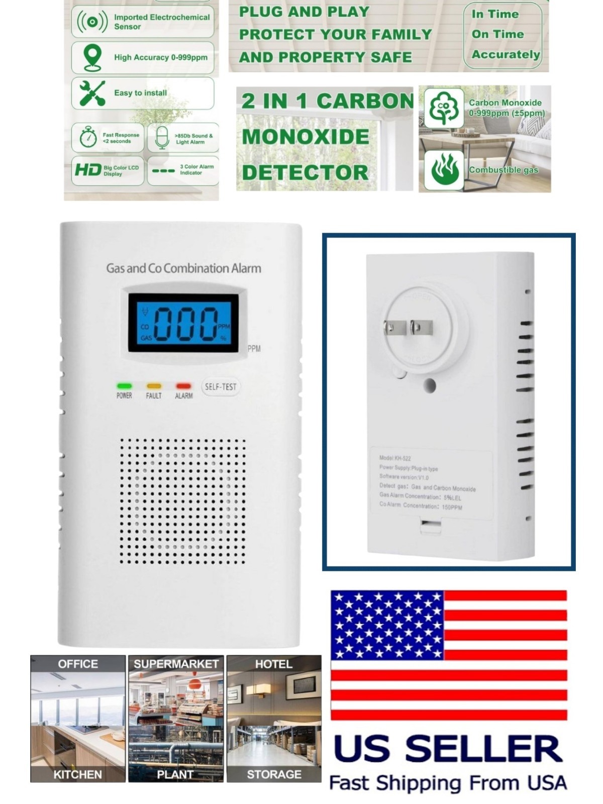 New Carbon Monoxide Detector Wall Plug In CO and Natural Gas Detector KH522