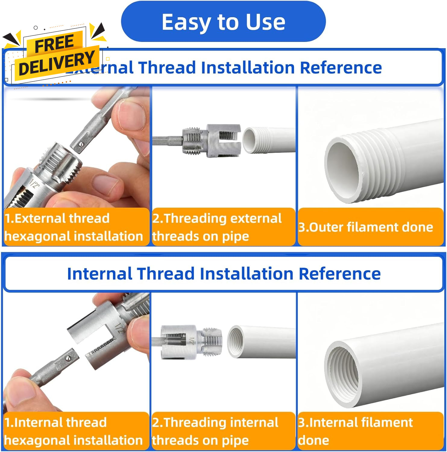 3 Pcs PVC Pipe Threader Kit Integrated Internal & External Pipe Thread Cutting T