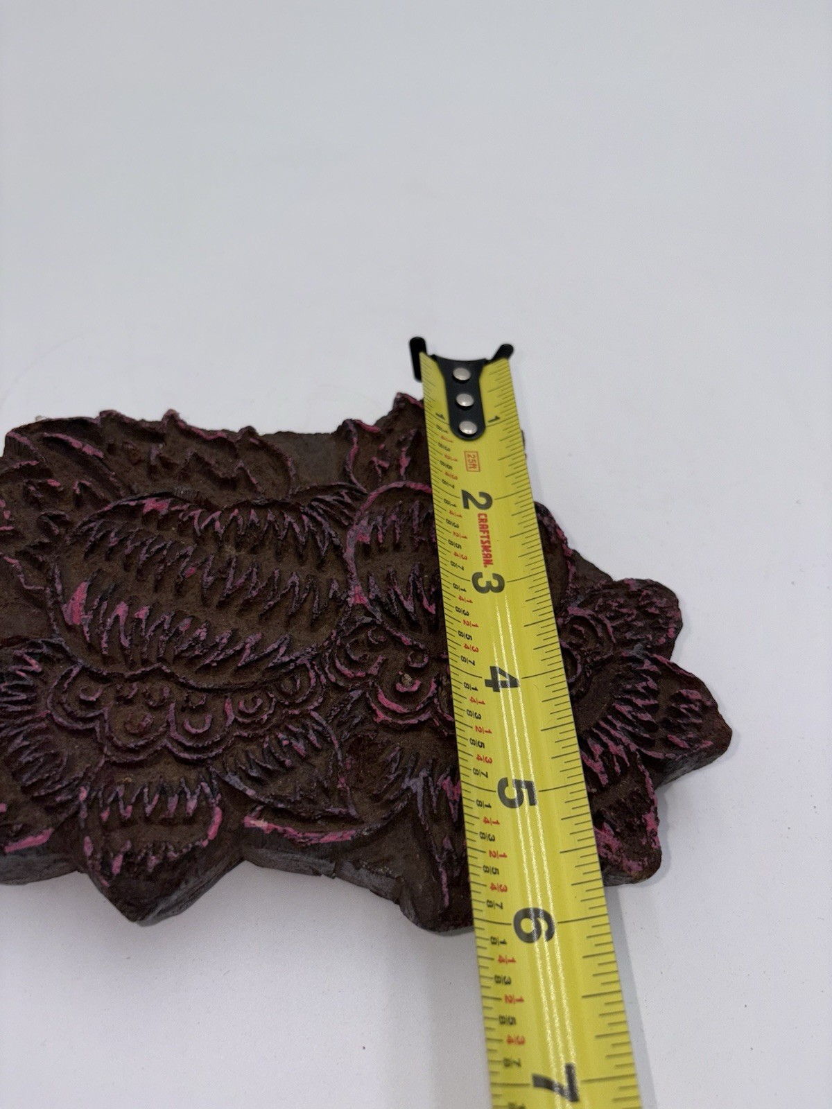Vintage Hand Carved Wooden Printing Block Flowers W/ Pink Tint Made In India