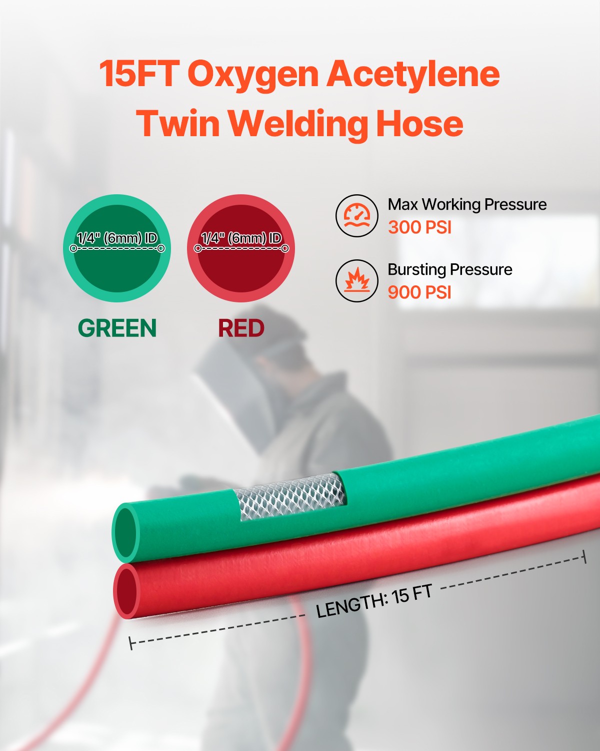 VEVOR Oxygen Acetylene Hose 1/4-Inch x 15FT T Hose 300PSI Max Working Pressure
