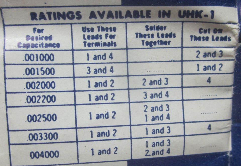 PEC Sprague UHK-1 Capacitor 7 Various Values 4 Pin 0.001 To 0.004uF Vintage