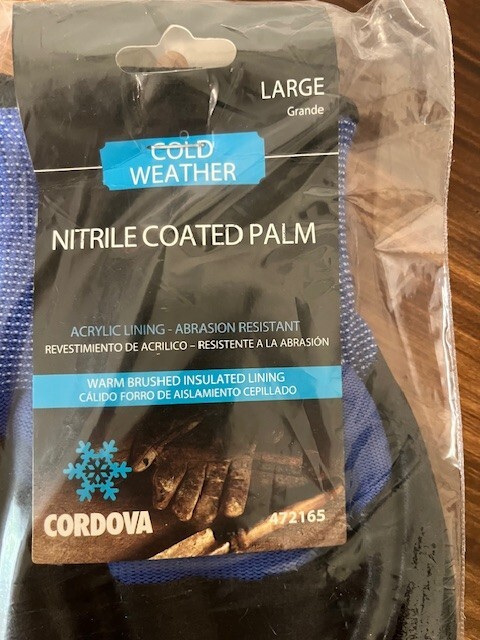 Cordova Cold Weather Gloves Size Large Nitrile Coated Palm Acrylic Lining