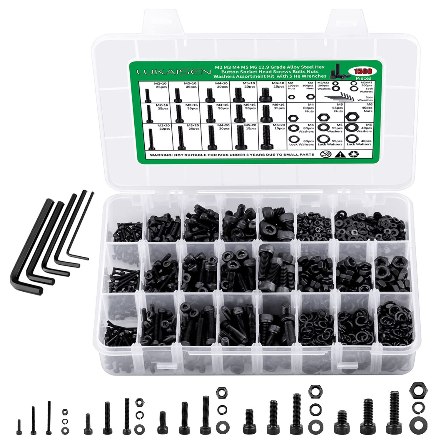 1500PCS Metric M2 M3 M4 M5 M6 Socket Head Cap Screws Nuts and Washers Assortment