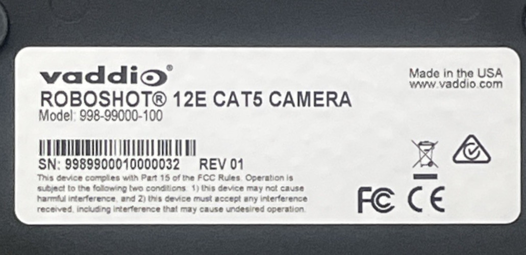 Vaddio ROBOSHOT 12E CAT5 Camera Model: 998-99000-100 w/ Quick Connect