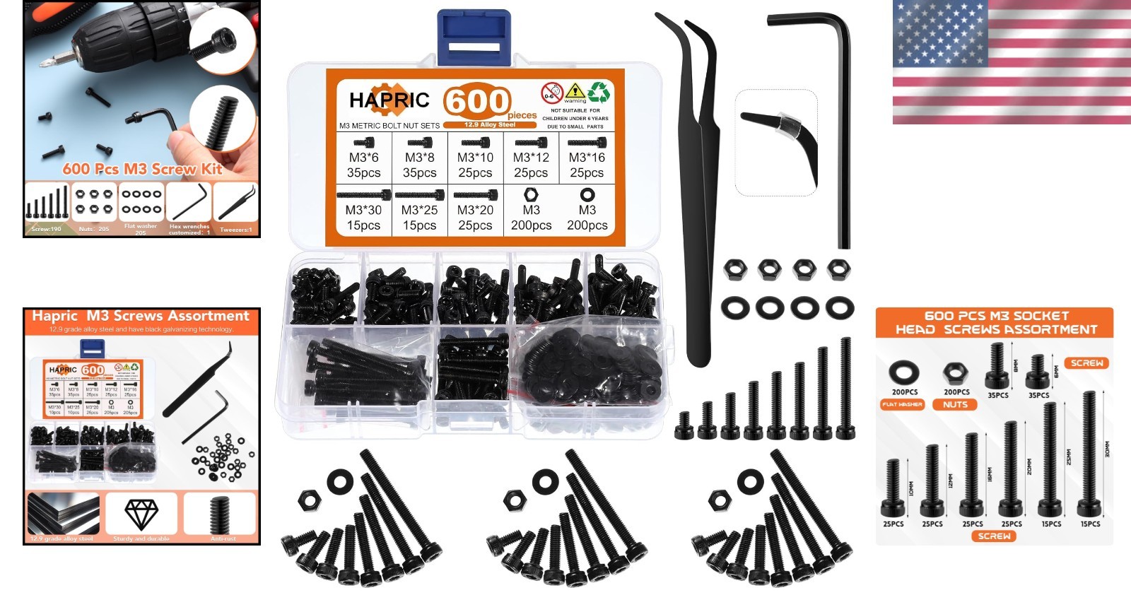 M3 Screws Assortment – 600 Pcs Black Zinc Plated Hex Head Set for All Repairs