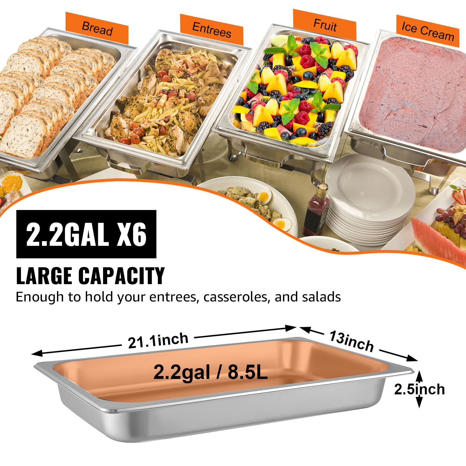 VEVOR 6 Pack 2.5″ Deep Stainless Steel Steam Table Pans Hotel Food Prep Pan