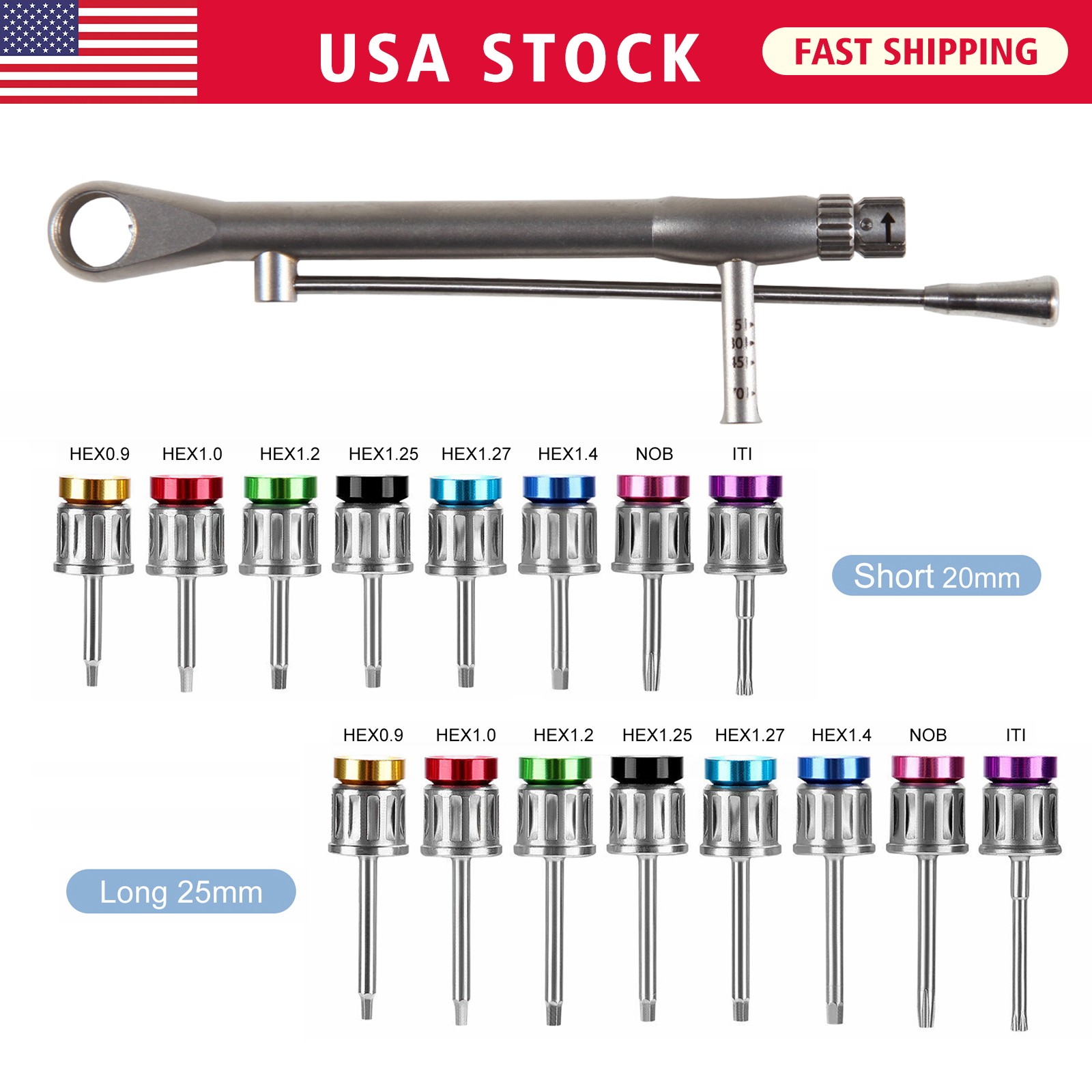 Dental Universal Implant Kit Driver Abutment Hand Hex Screw driver Long+Short
