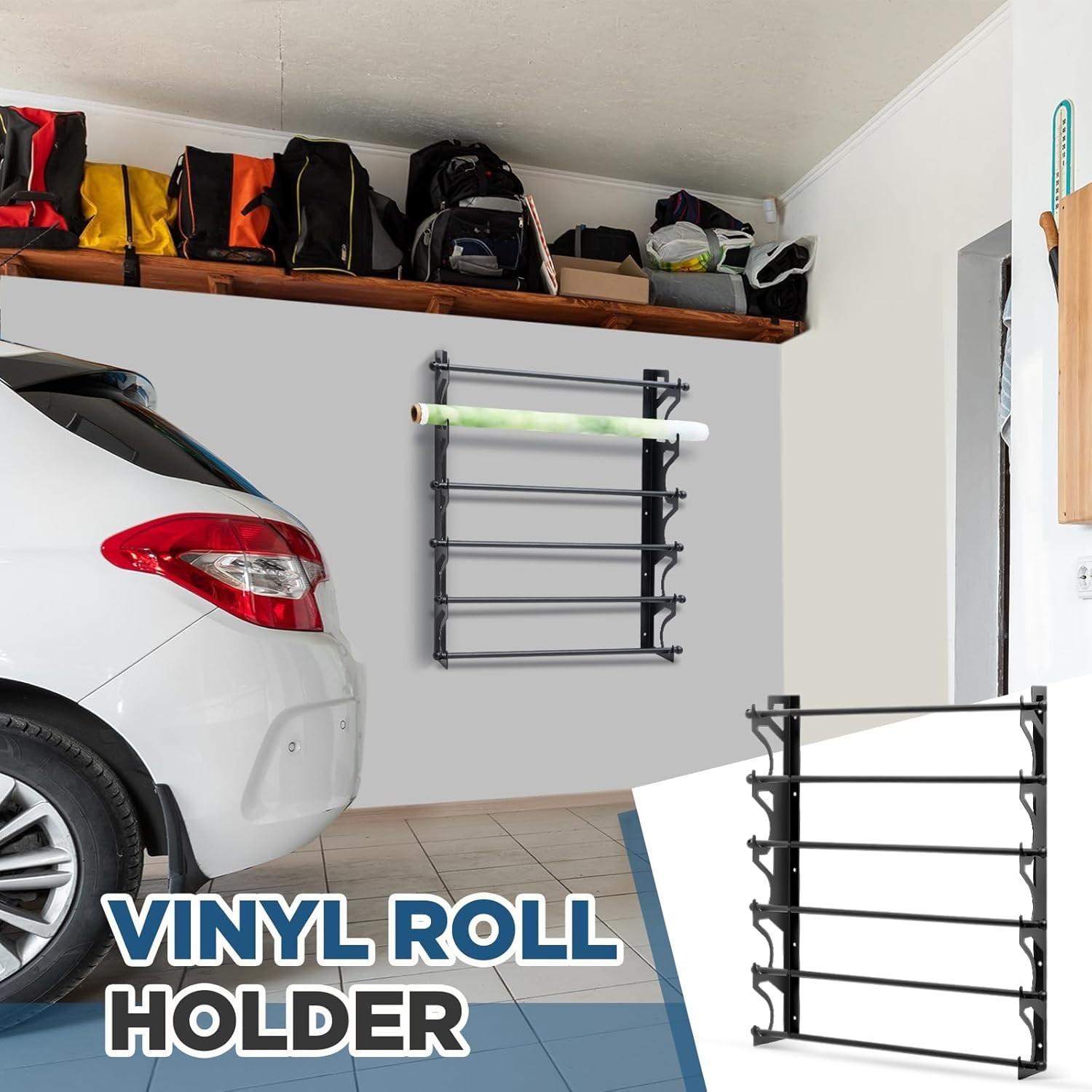 6 Roll Vinyl Roll Holder Adjustable Metal Vinyl Rack Wall Mount for Car Wrap Mat