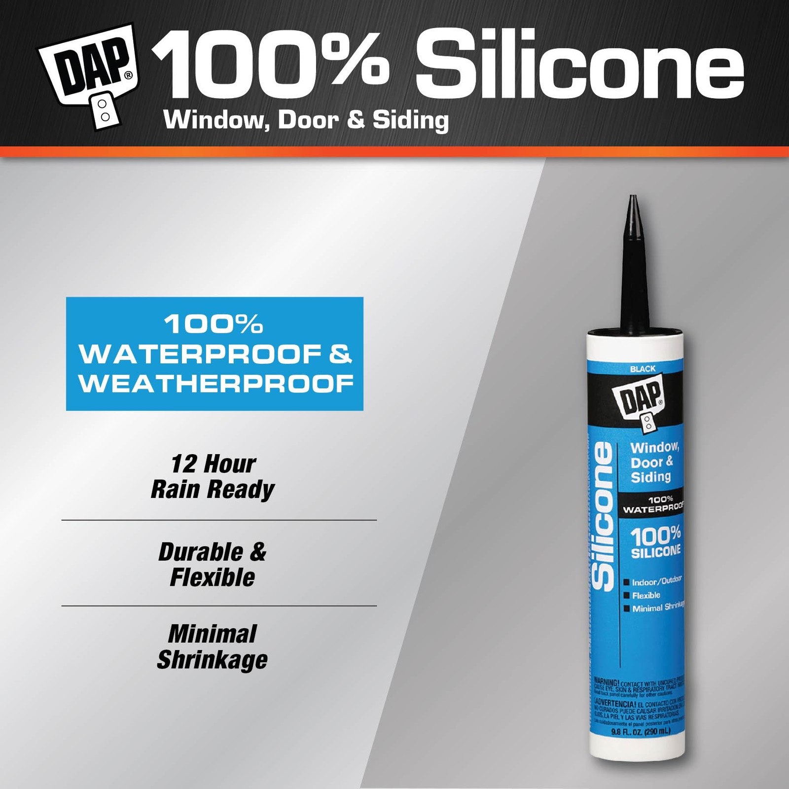 DAP 100% Silicone Rubber Window, Door, and Siding Sealant, 9.8 Oz, Black