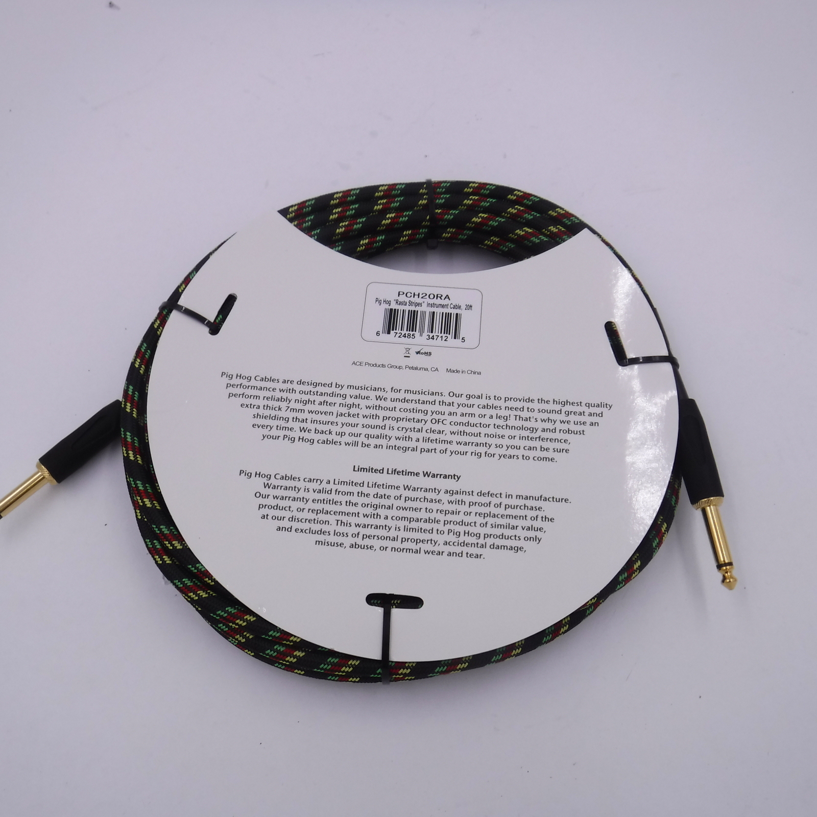 20′ Pig Hog PCH20RA Rasta Stripes Woven Instrument Cable 1/4″Straight
