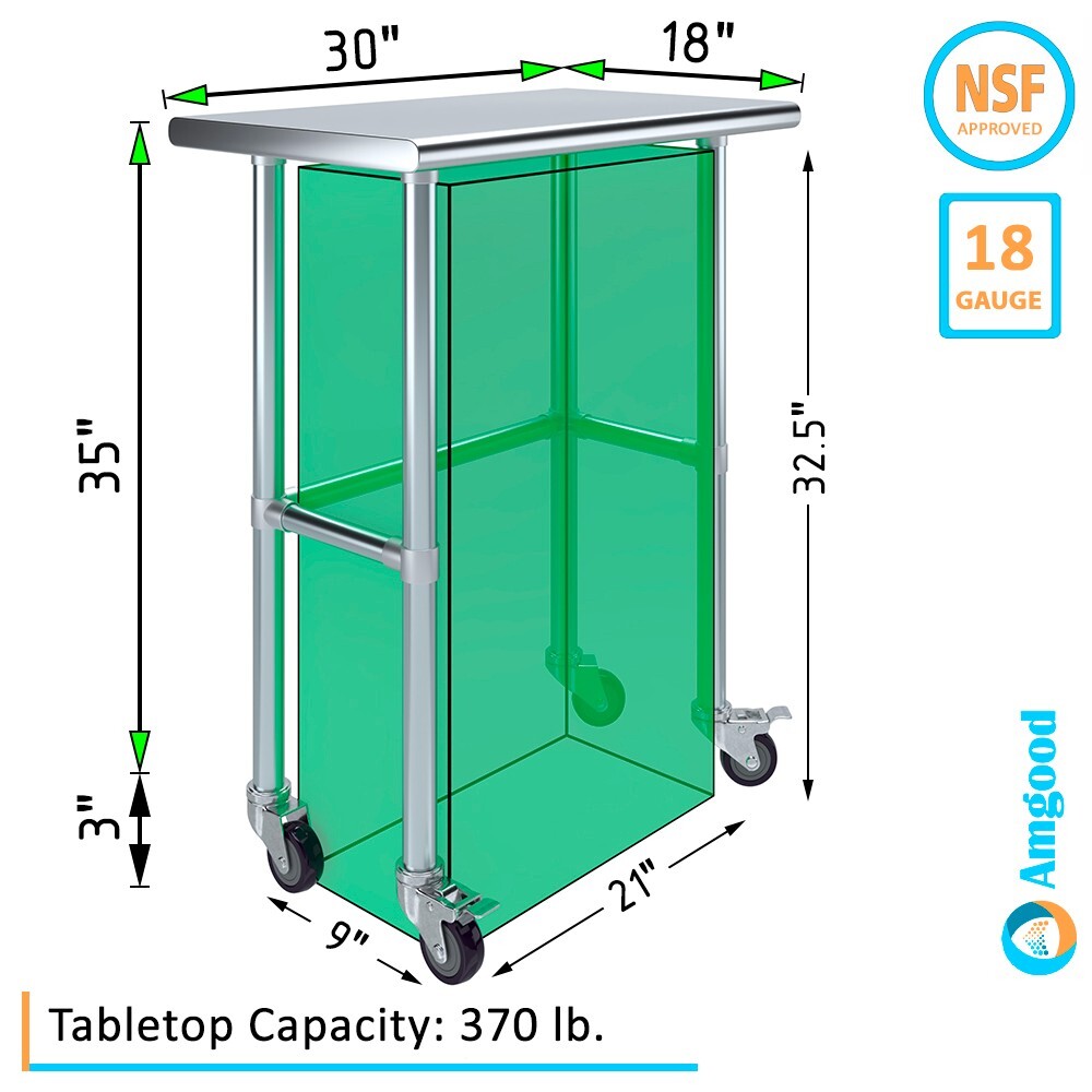 18 in. x 30 in. Stainless Steel Work Table Open Base & Wheels | Utility Station