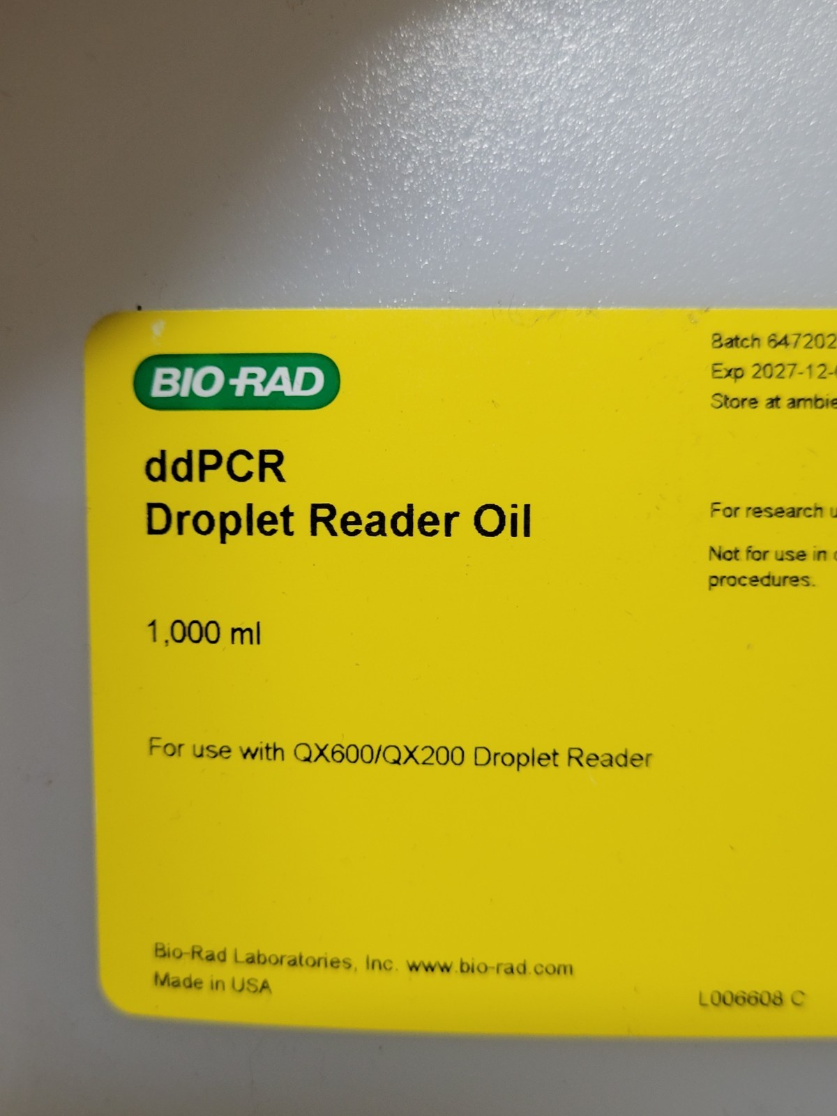 Bio-Rad ddPCR Droplet Reader Oil QX600/QX200 Exp. 12/2027 1000ml