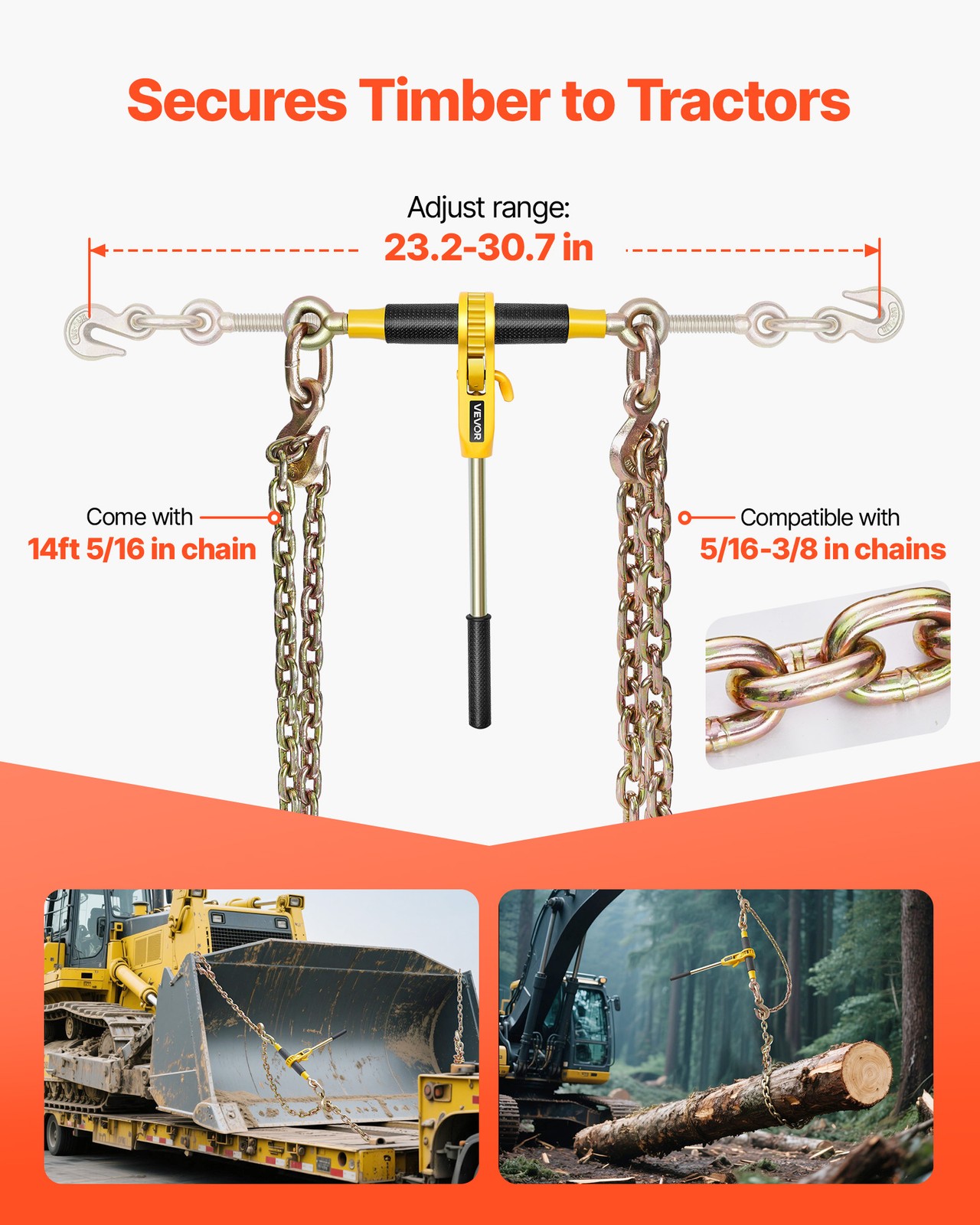 VEVOR 2 Pack 5/16″-3/8″ Ratchet Binder w/G80 14 ft Chains for Secure Hauling