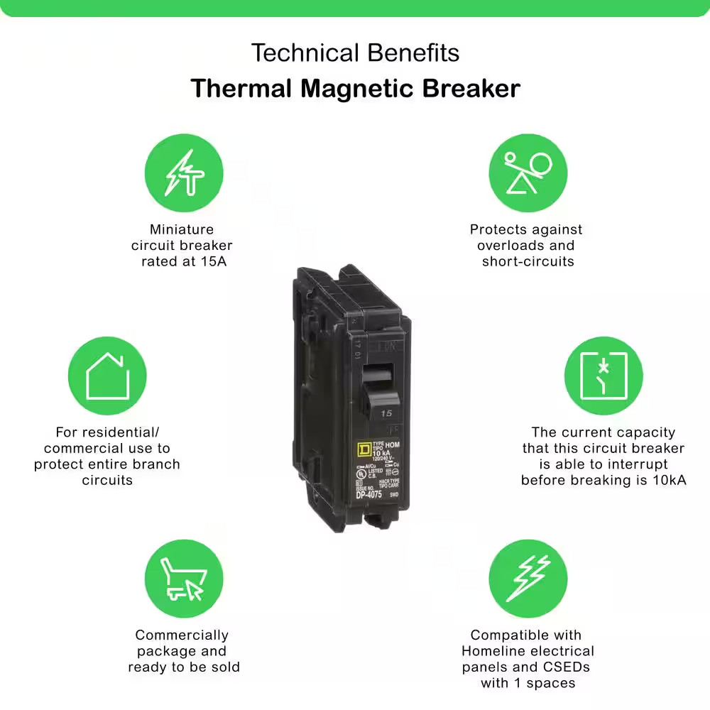 Homeline 15 Amp One-Pole Circuit Breaker HOM120CP, Square D Breakers 120/240 VAC
