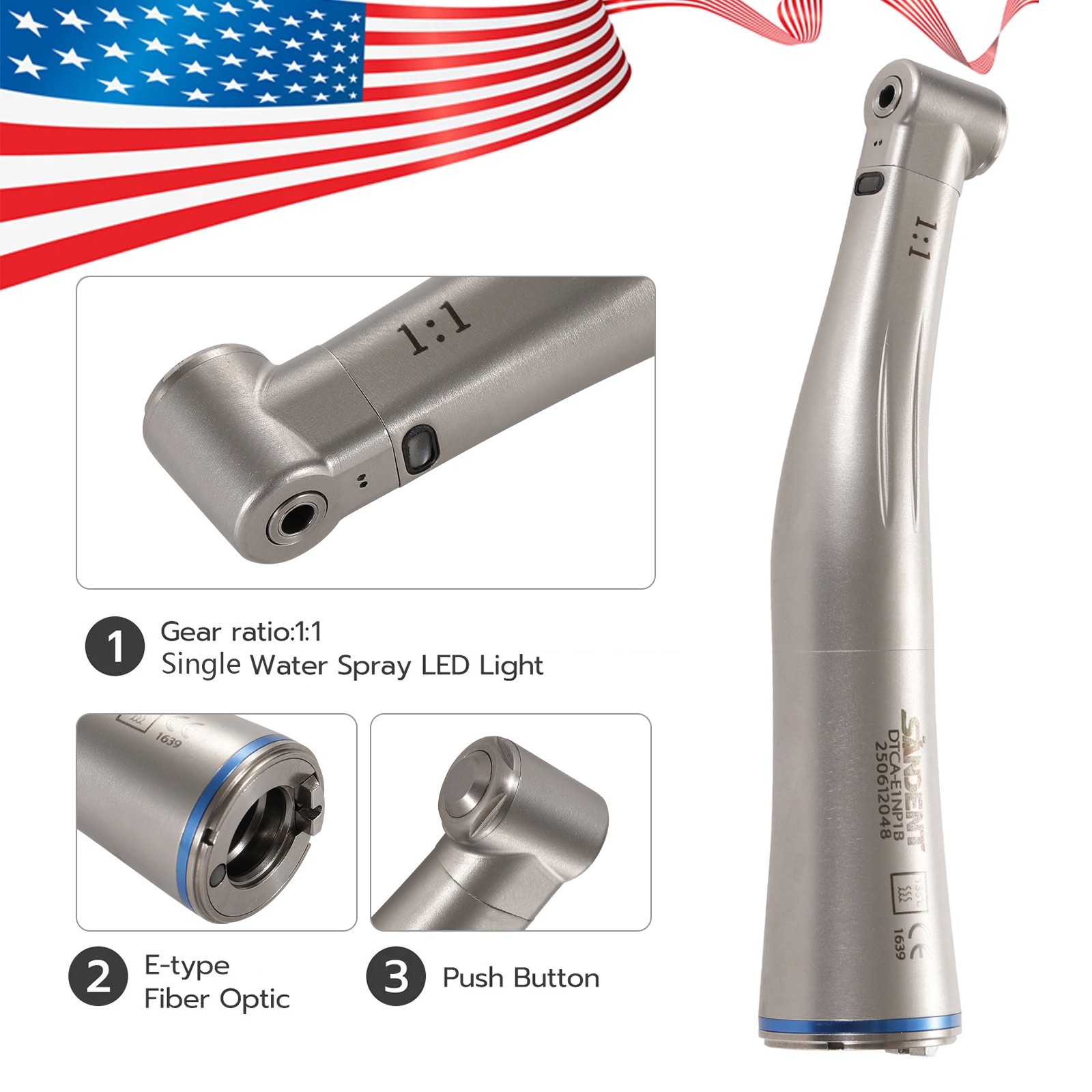 1-5 SANDENT LED Dental 1:1 Fiber Optic Contra Angle Low Speed Handpiece NEW