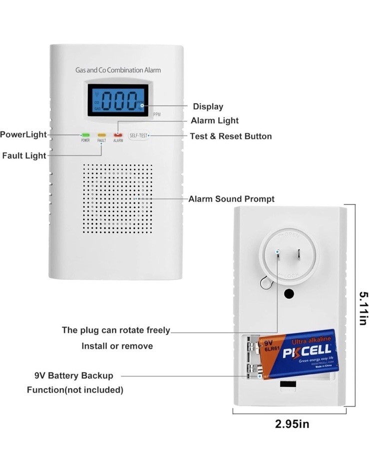 Gas & Carbon Monoxide Detectors-Plug in CO Alarm & Natural Gas Detector-2PACK