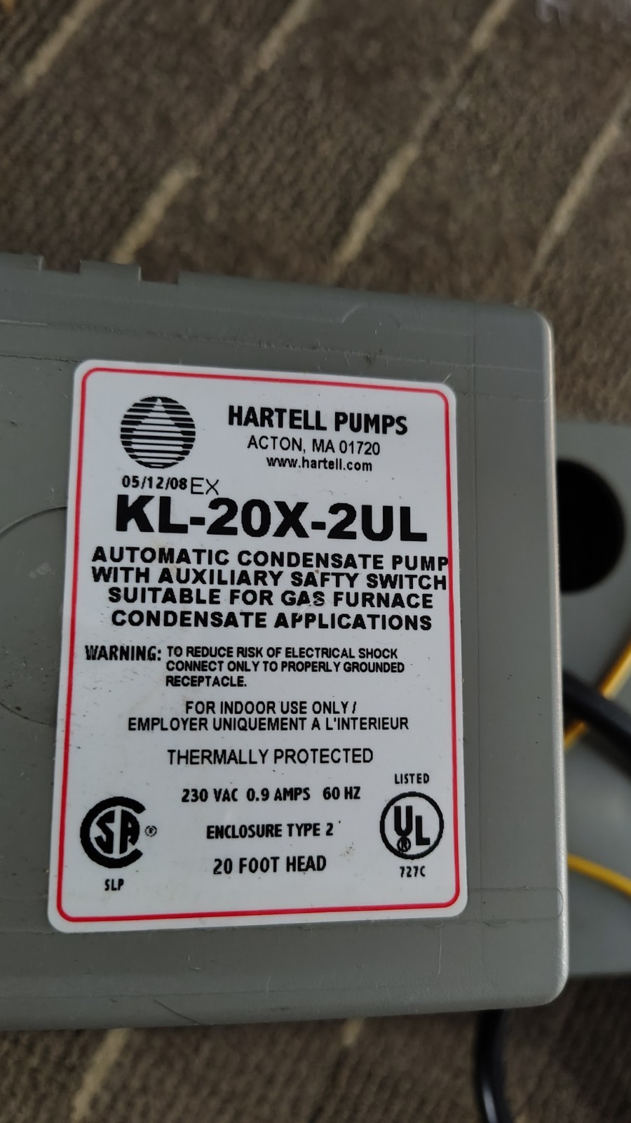 Hartell Milton Roy KL+20X-2ULT (G) 801065 230 Volt 2008 Condensate Pump Open Box