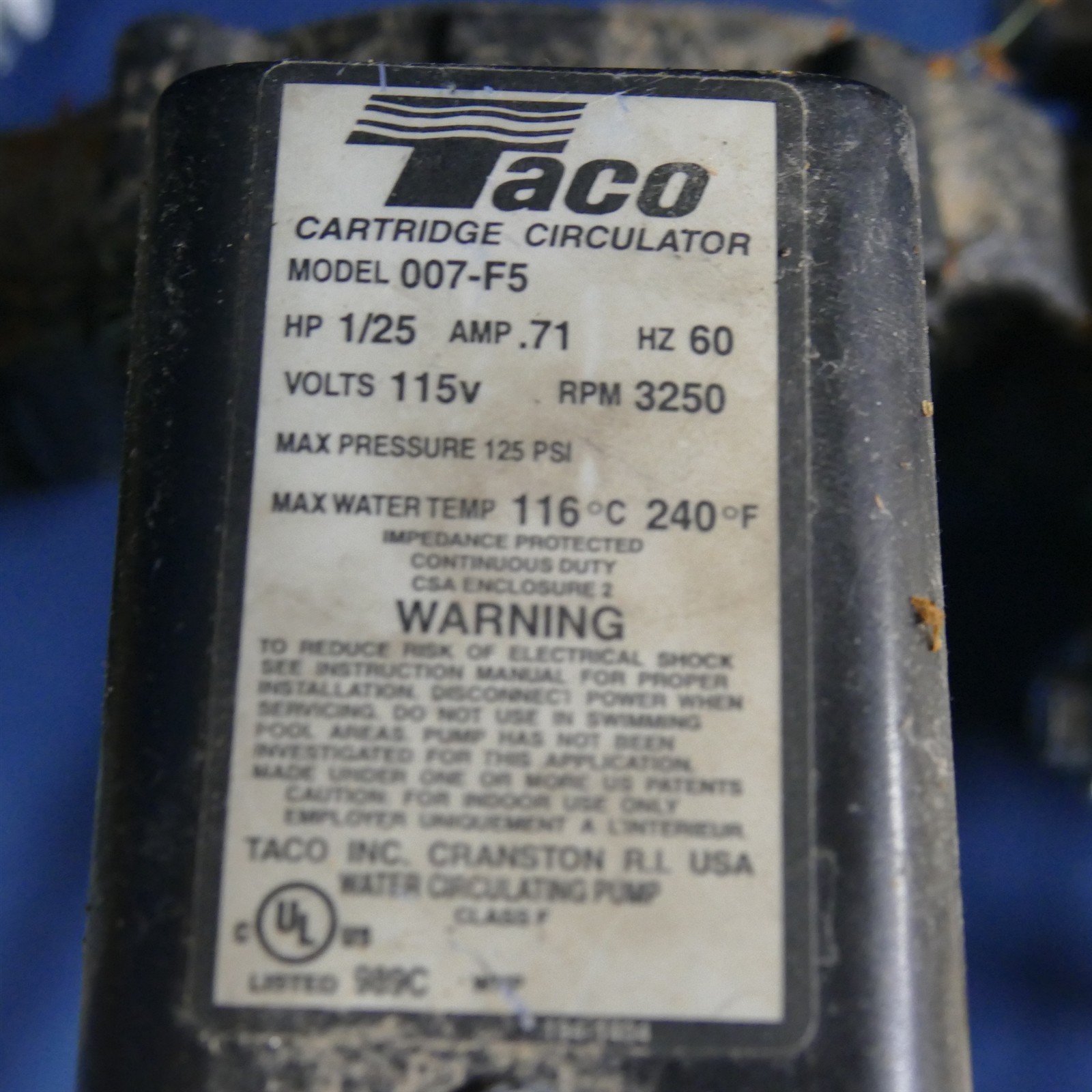 TACO 007-F5 Boiler Water 1/25 HP CIRCULATOR PUMP w/Shutoff valves & Wiring Works