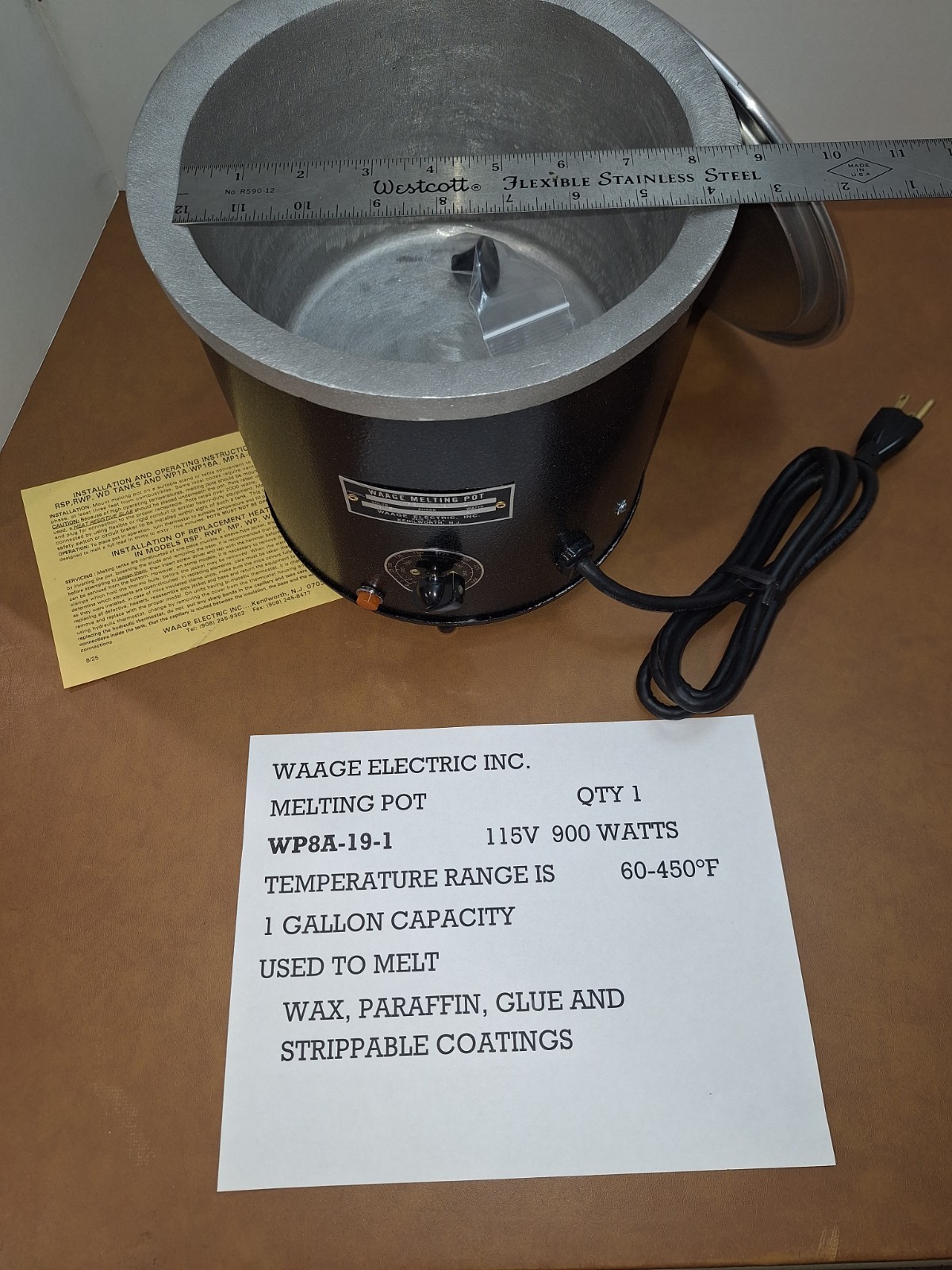 WAAGE MELTING POT WP8A-19-1 NEW IN BOX – 900 W 115V 60-450°F TEMP RANGE 1 GAL
