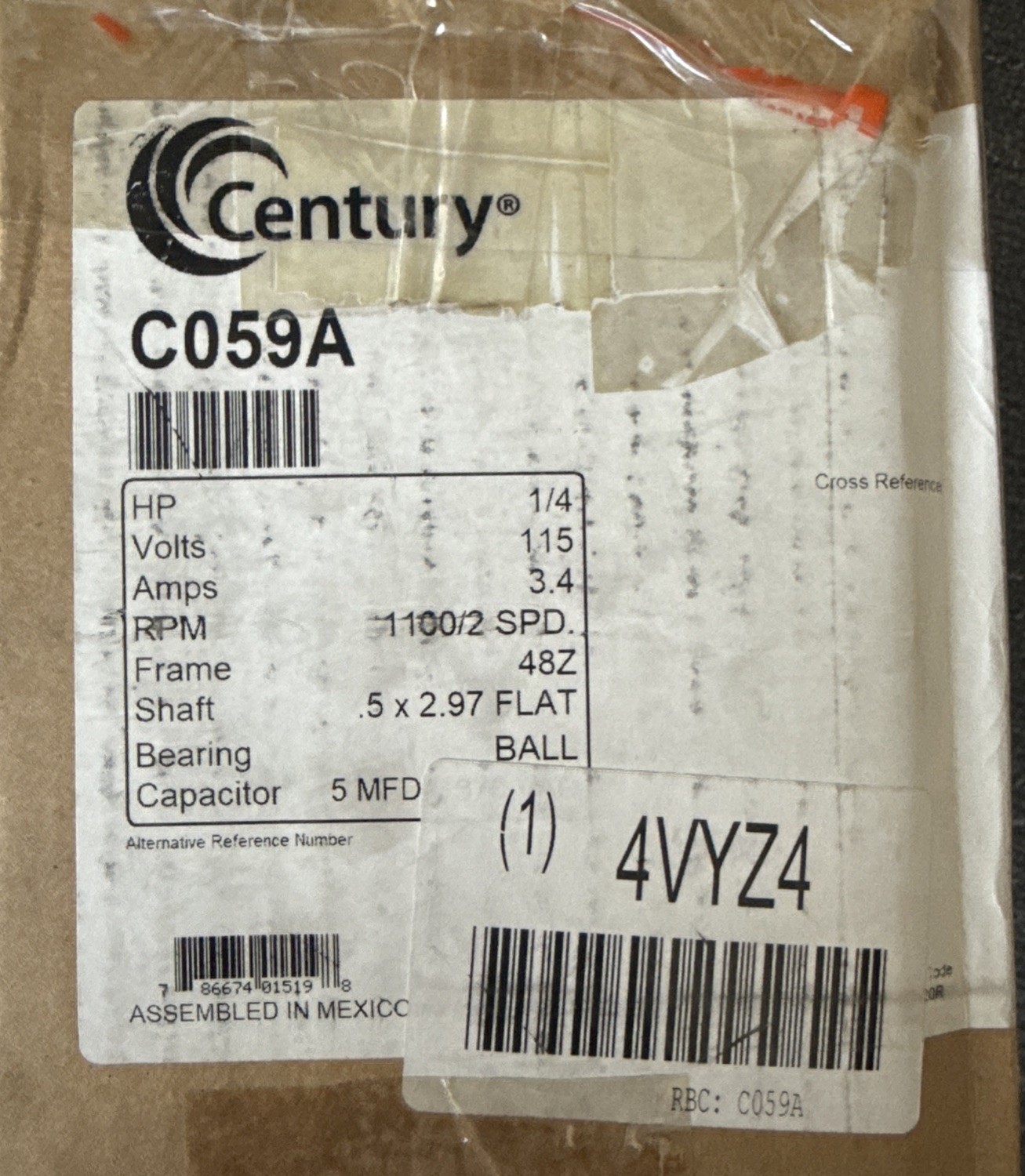 Century C059A PSC Direct Drive Blower Motor, 1-Ph 1/4 HP 115V 1100 RPM 2-Speed