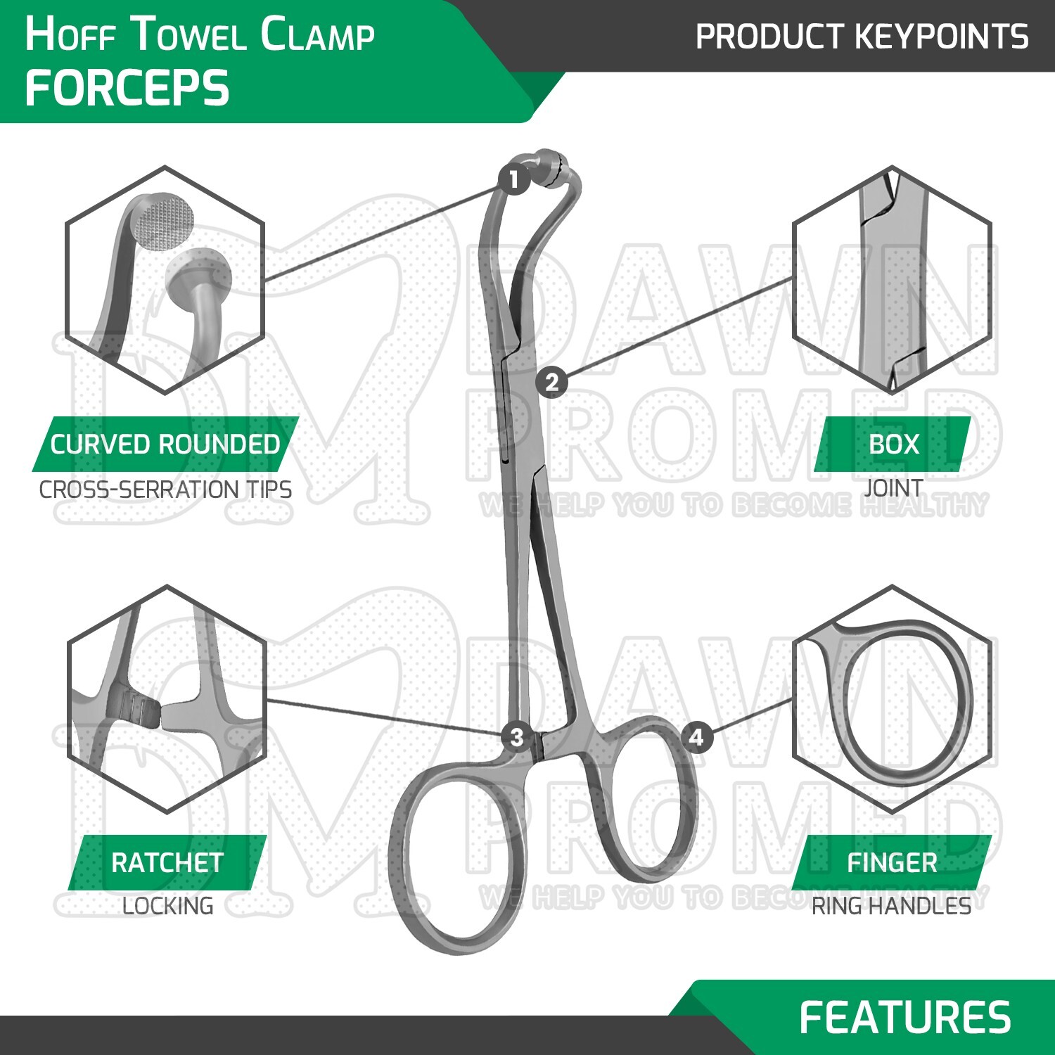 Hoff Towel Clamp Forceps 5.25″ Curved Rounded Cross-Serrated Surgical Instrument