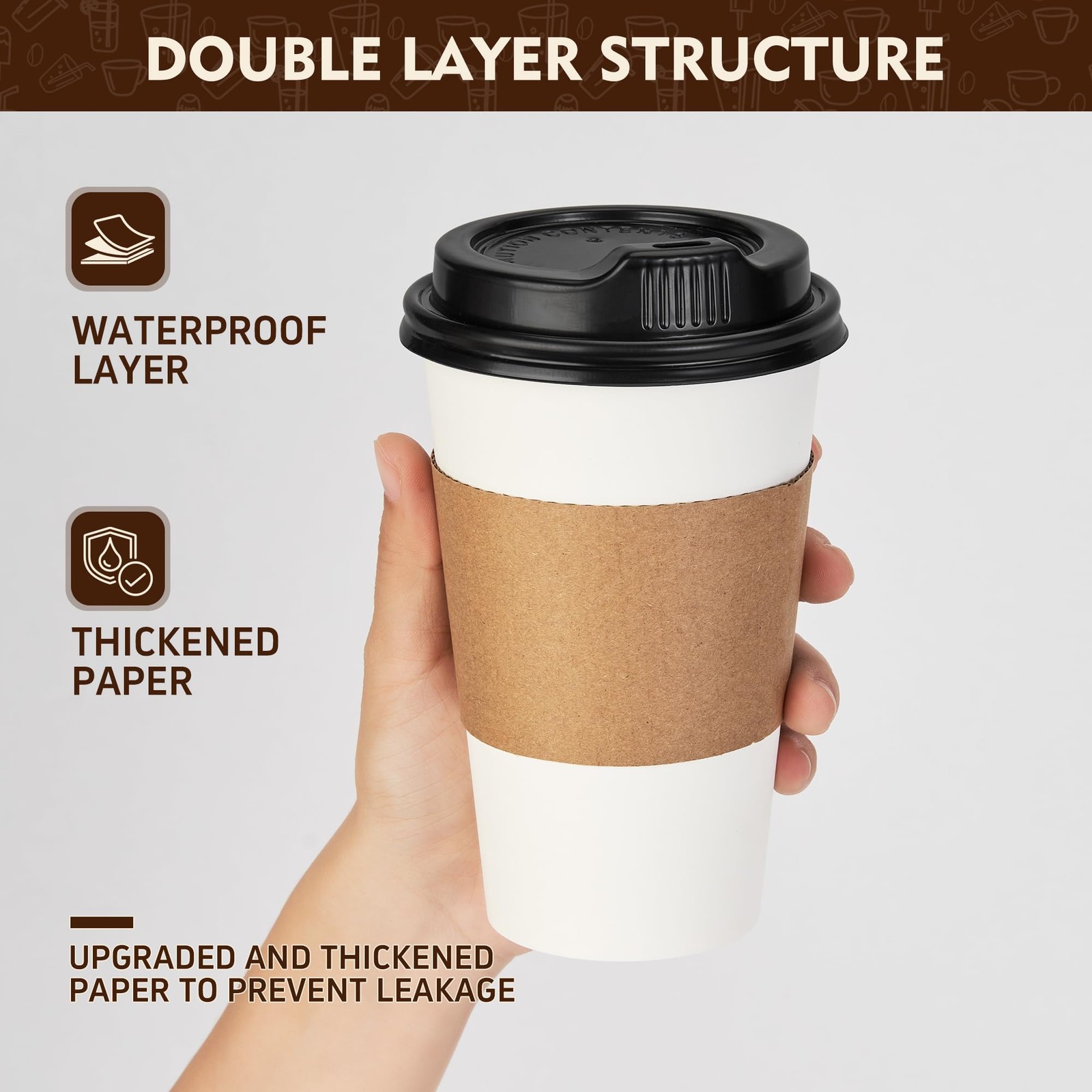 16 oz 50 Pack Coffee Cups with Lids & Sleeves